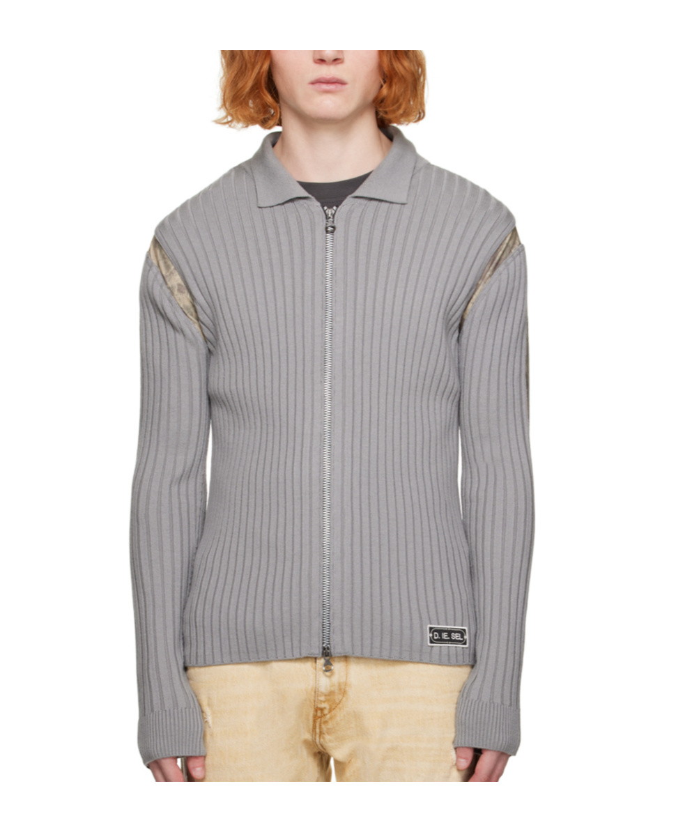 Diesel Ribbed-knit Zipped Cardigan In Gray
