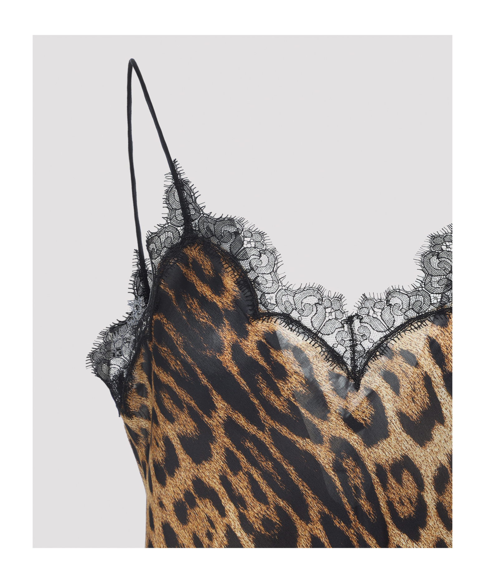 Roberto Cavalli Animalier Silk Mini Dress With Scalloped Lace Trim In Brown