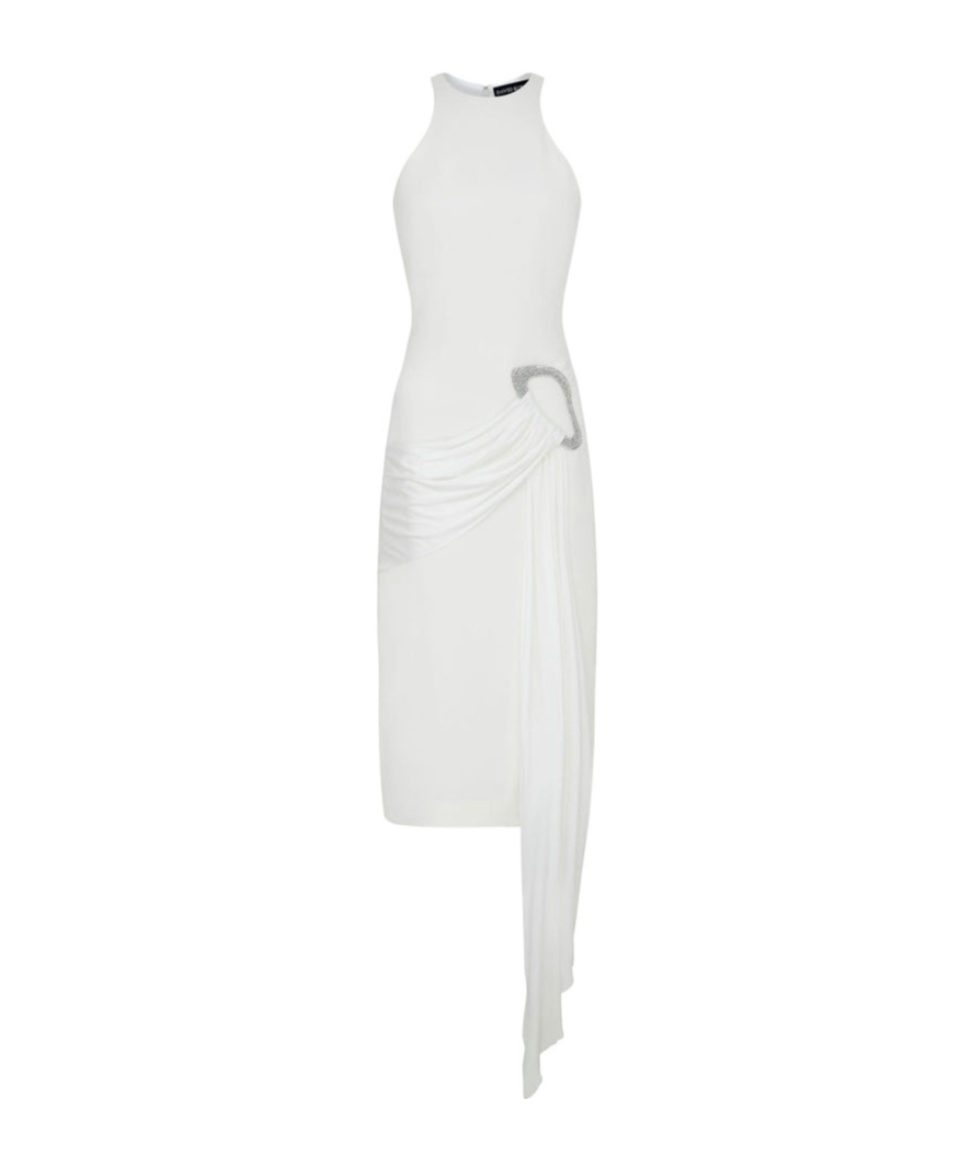 David Koma Crystal Buckle And Drape Detail Midi Dress In White