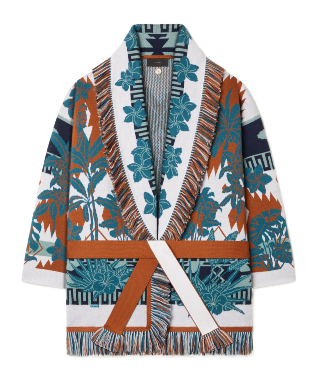 Alanui Long Floral Cardigan With Fringe Shawl Collar In Brown