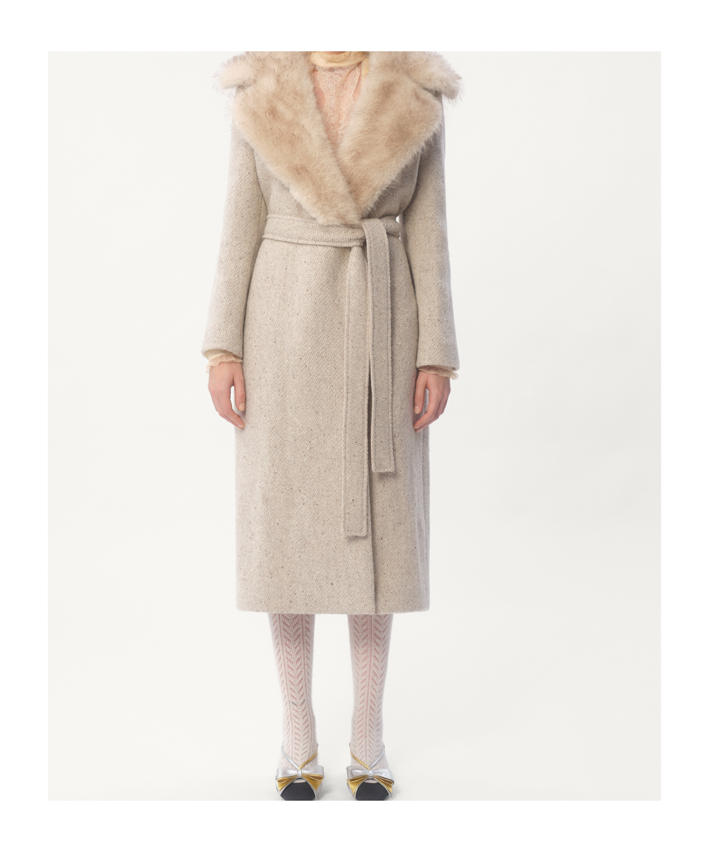 Valentino Belted Faux Fur Collar Wool Coat In Nude
