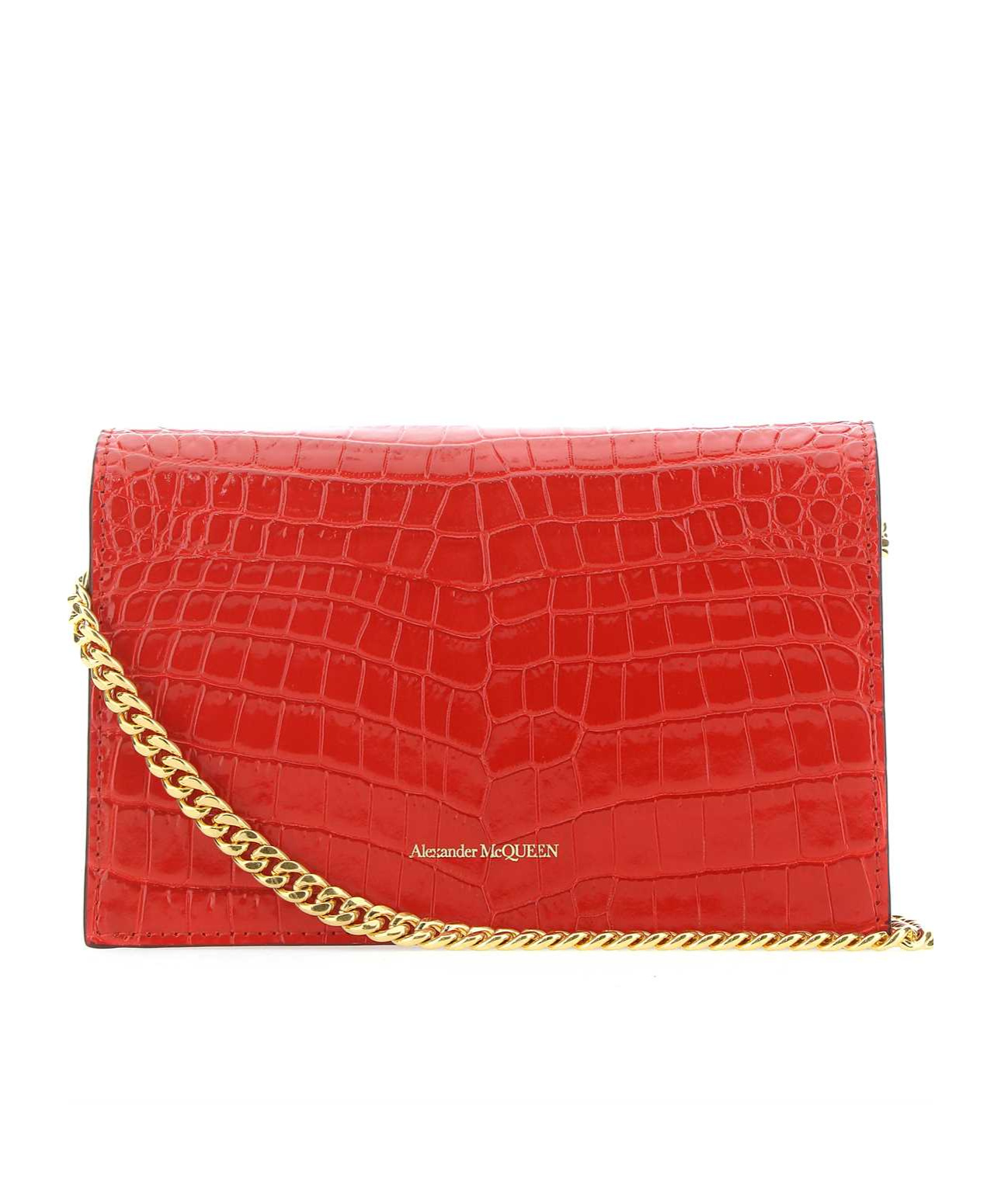 Alexander Mcqueen Skull Crocodile-effect Crossbody Bag In Red