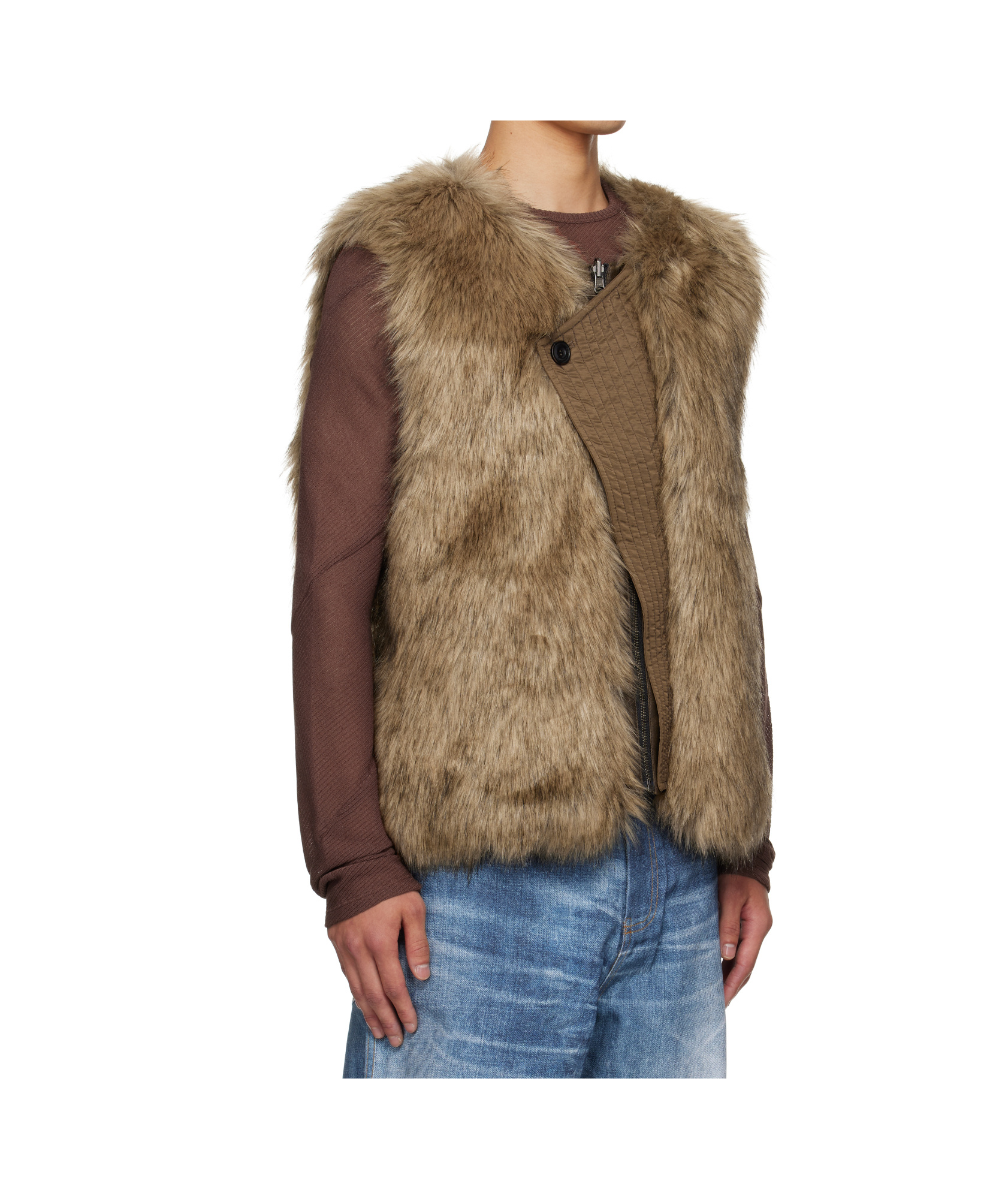 Andersson Bell Curved Placket Reversible Faux Fur Vest In Burgundy