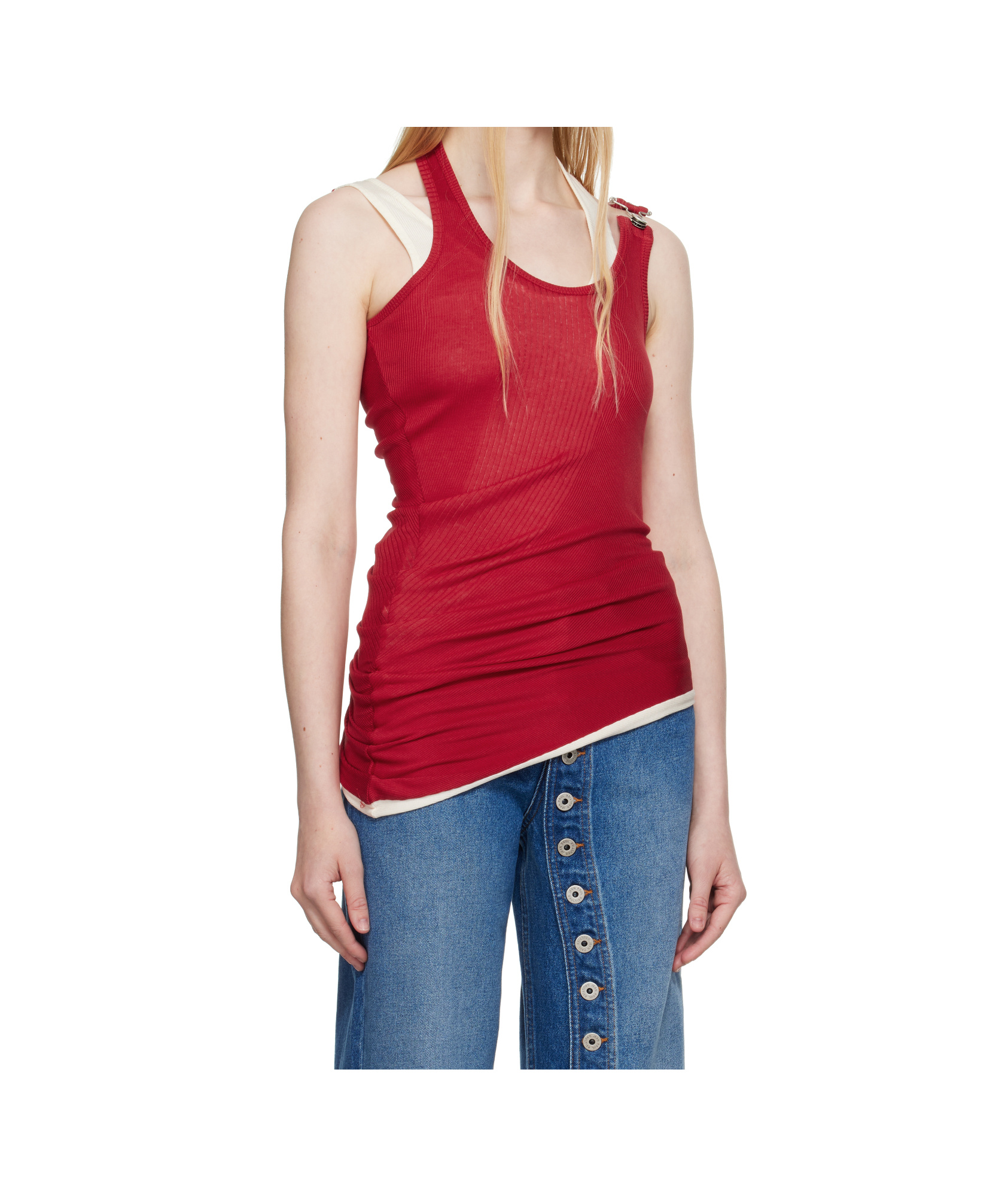 Jean Paul Gaultier Ribbed Twisted Double Layer Cotton Tank Top In Red