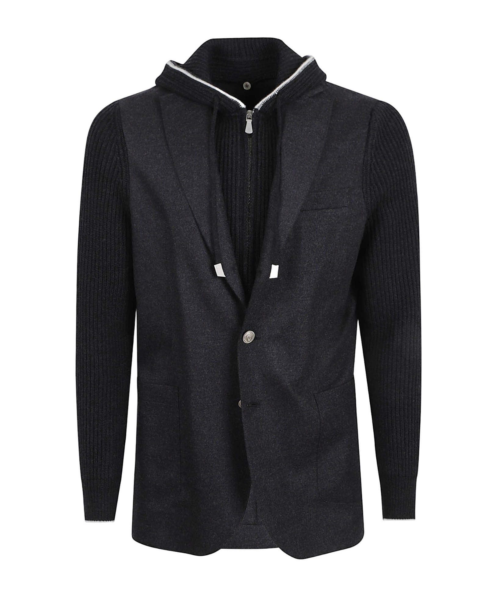 Eleventy Hooded Blazer With Ribbed Sleeves And Pockets In Black
