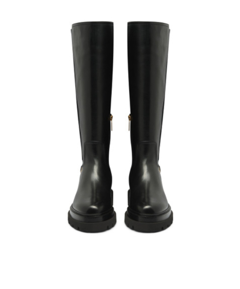 Santoni Leather Stretch Buckle Knee Boots In Black
