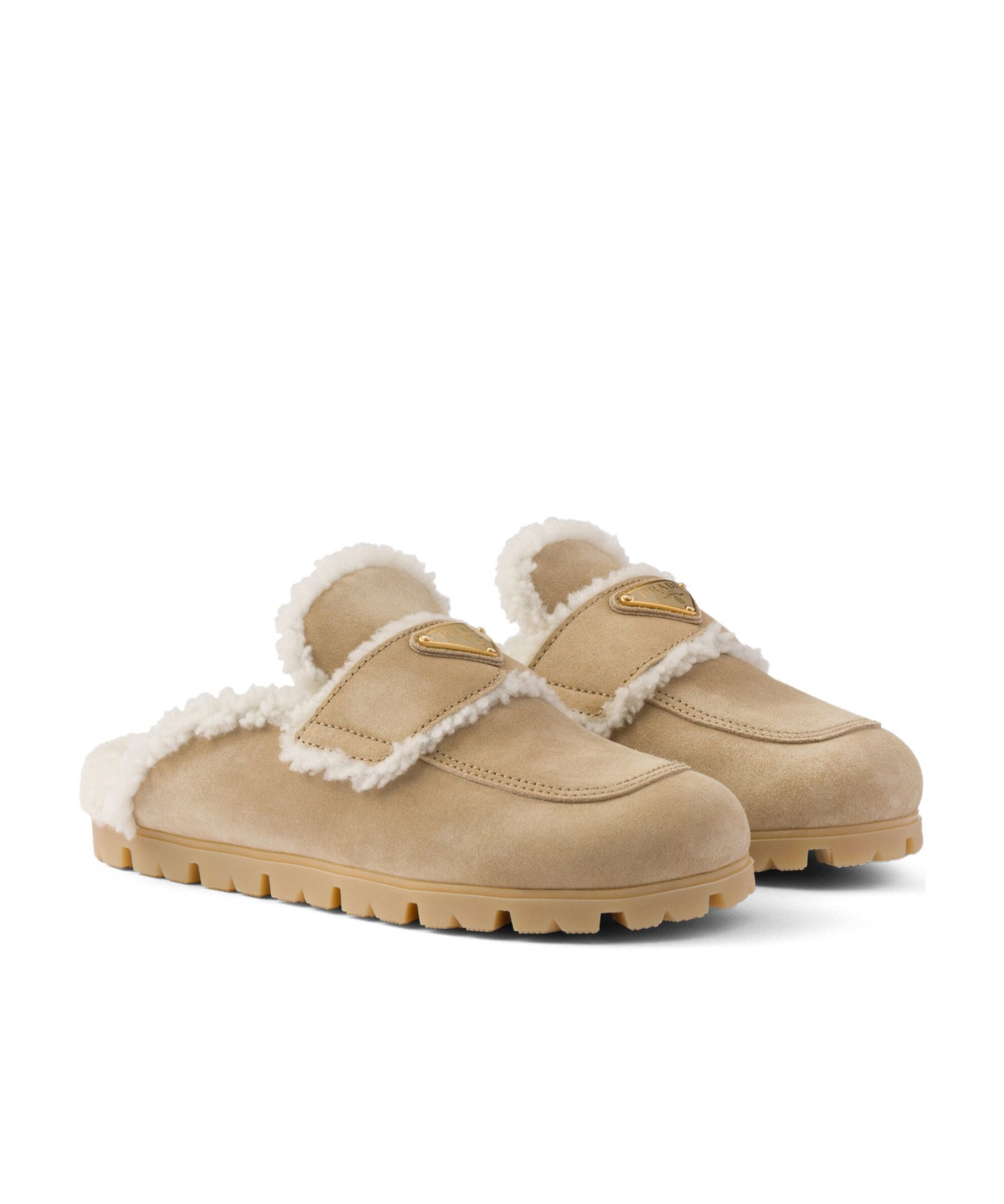 Prada Slipper Aus Wildleder Und Lammfell In Brown