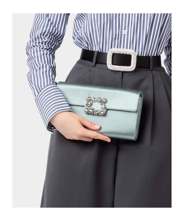 Roger Vivier Flower Buckle Envelope Flap Satin Clutch Bag In Gray