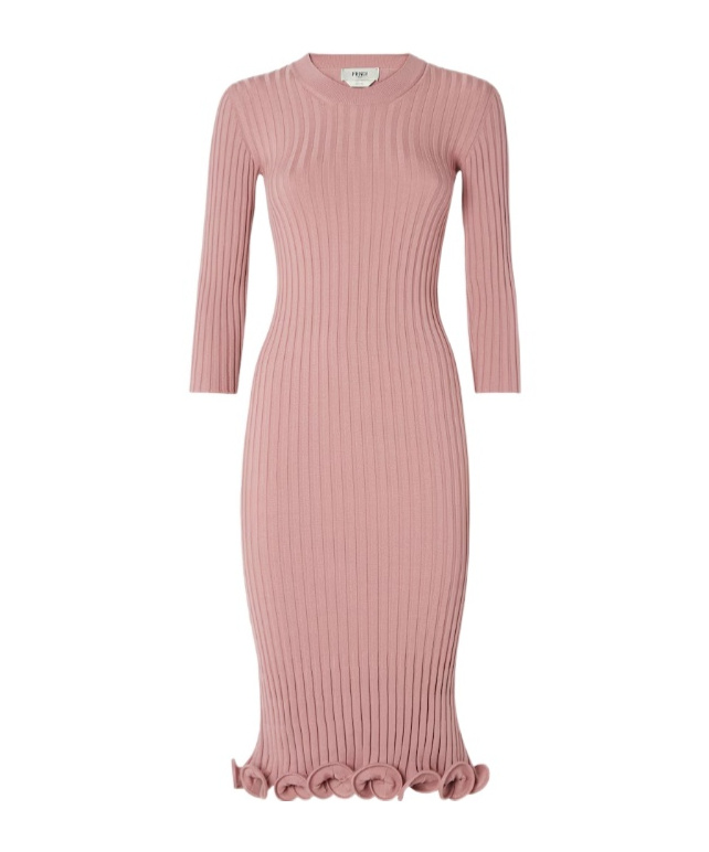Fendi Stretch Wool Blend Dress With Ruffled Hem In Pink
