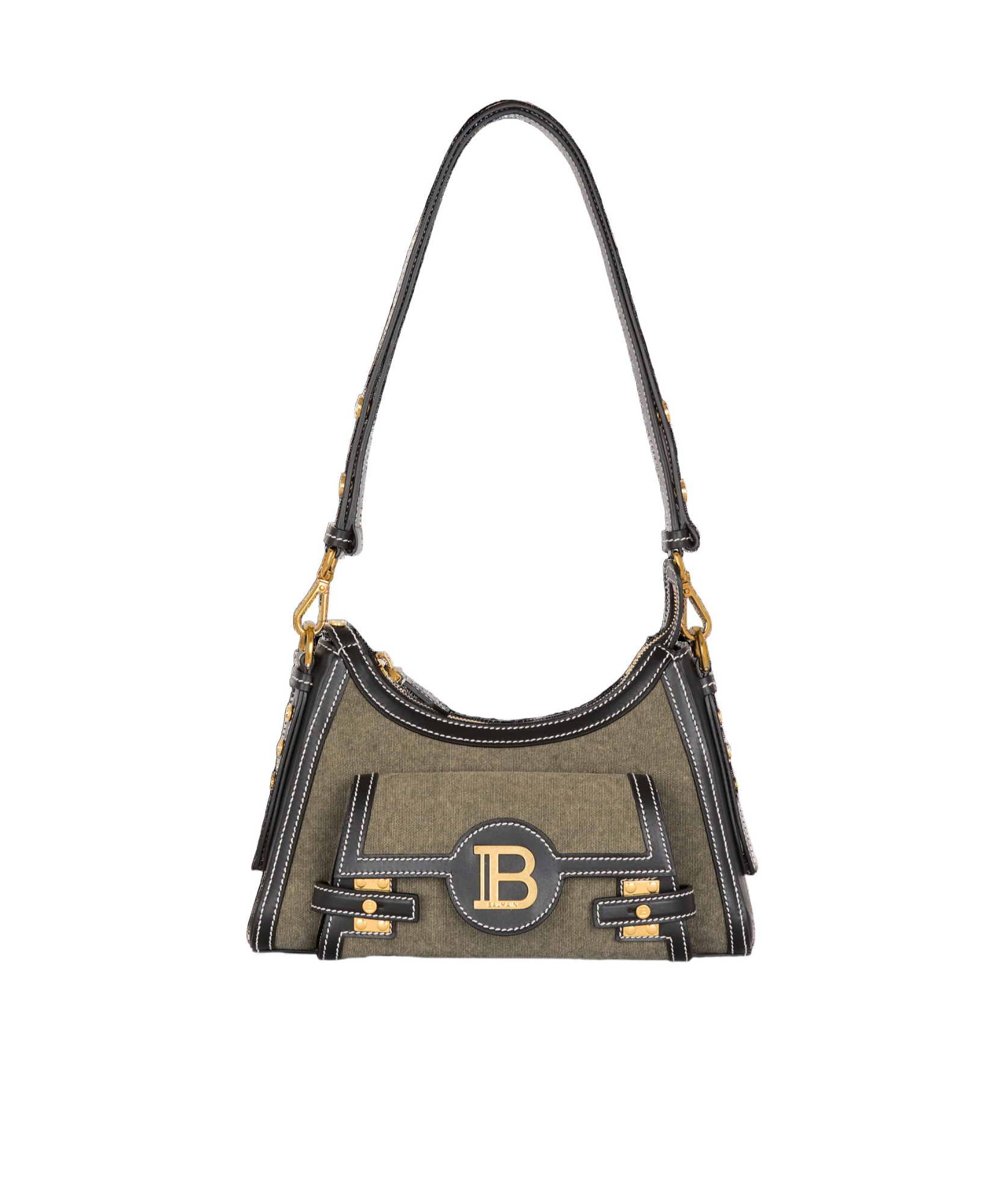 BALMAIN B-BUZZ HOBO BAG IN LEATHER AND CANVAS