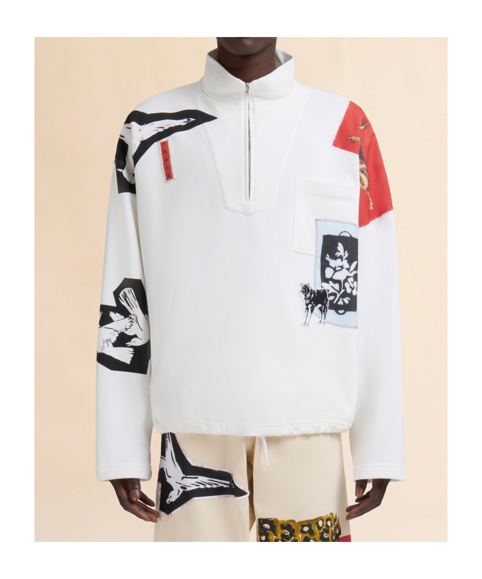 Marni Mixed Media Zipper Collar Sweatshirt In Neutral
