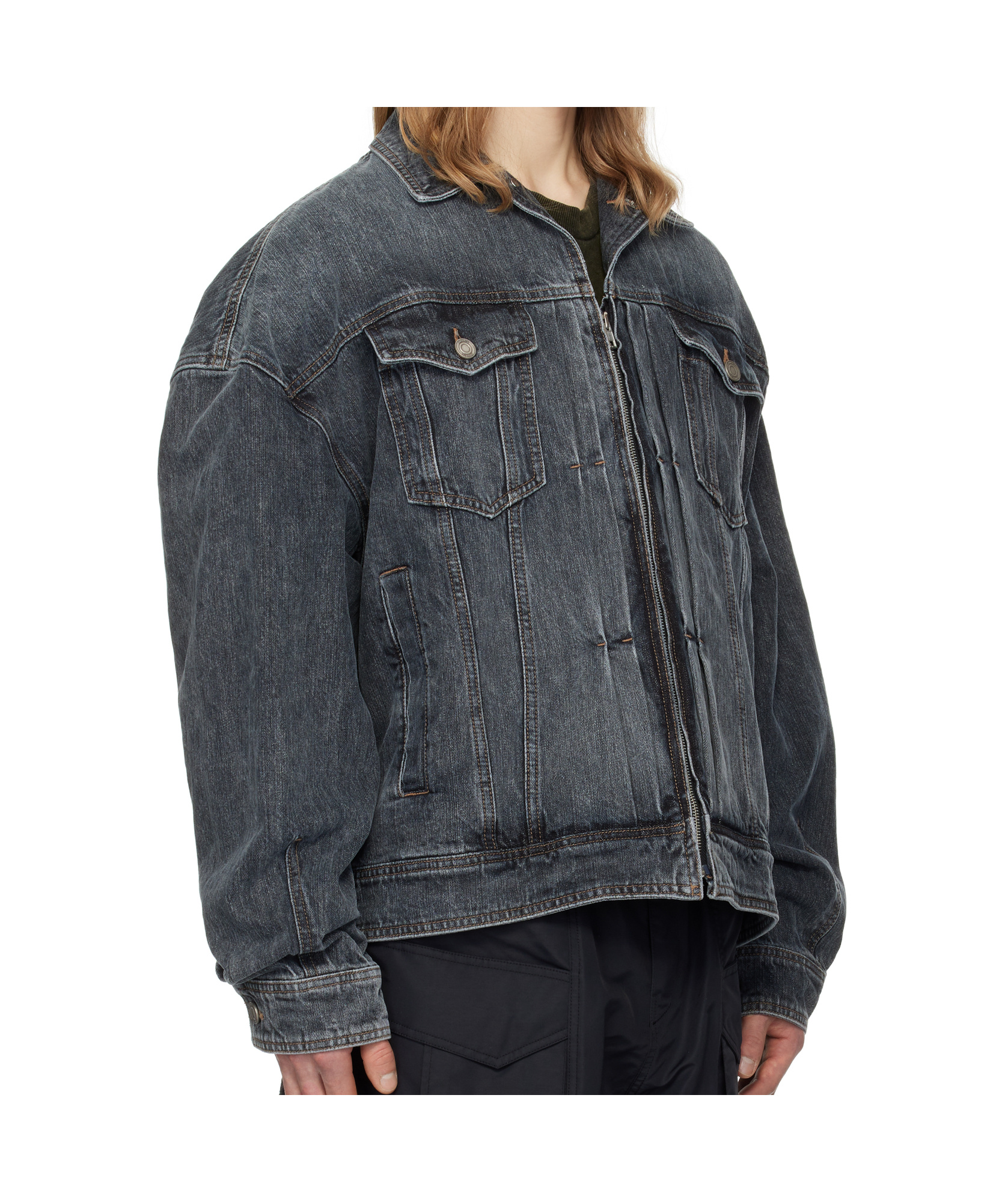 Juunj Gray Zipper Trucker Denim Jacket In Black