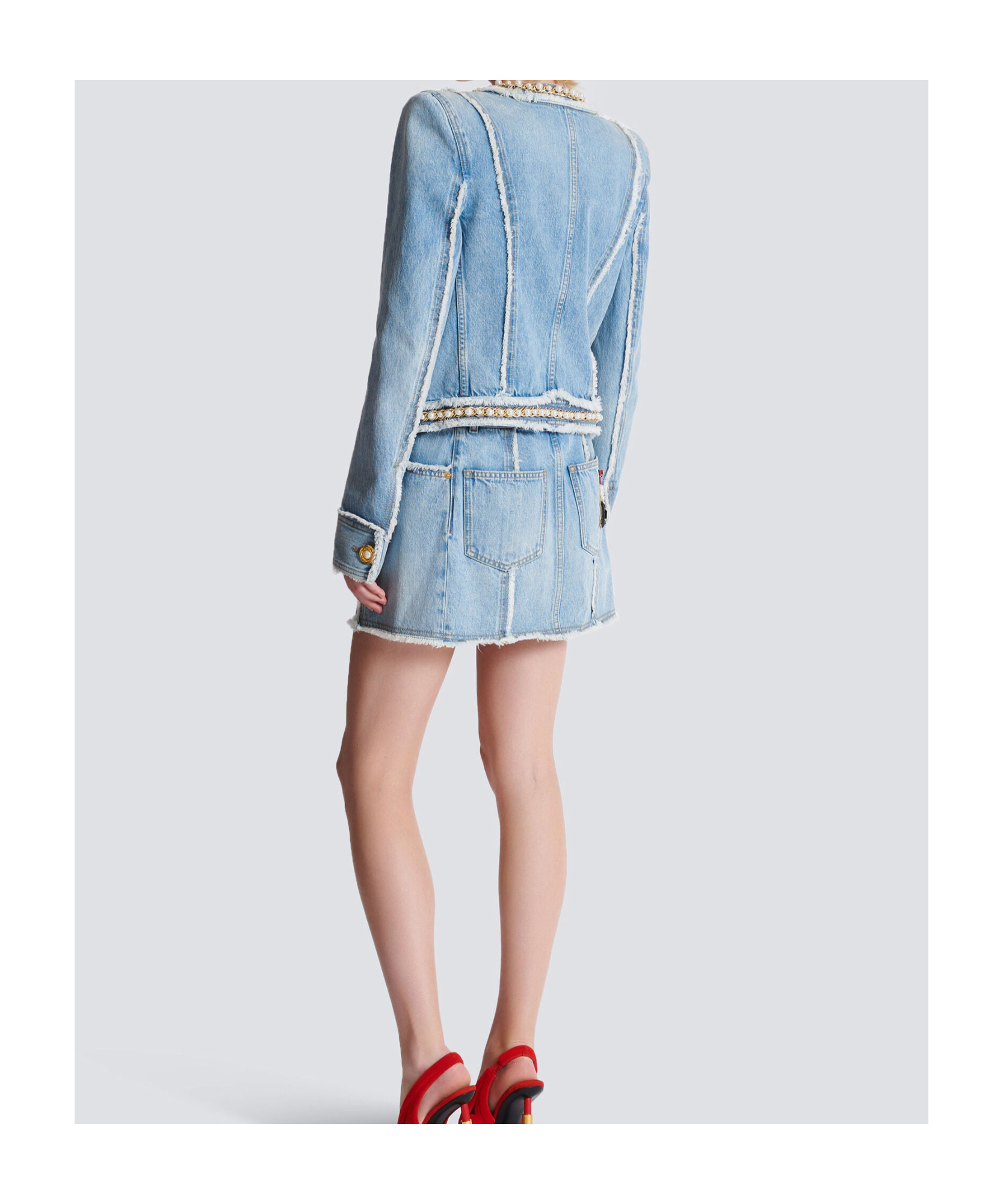 Balmain Faux Pearl-embellished Frayed Denim Jacket