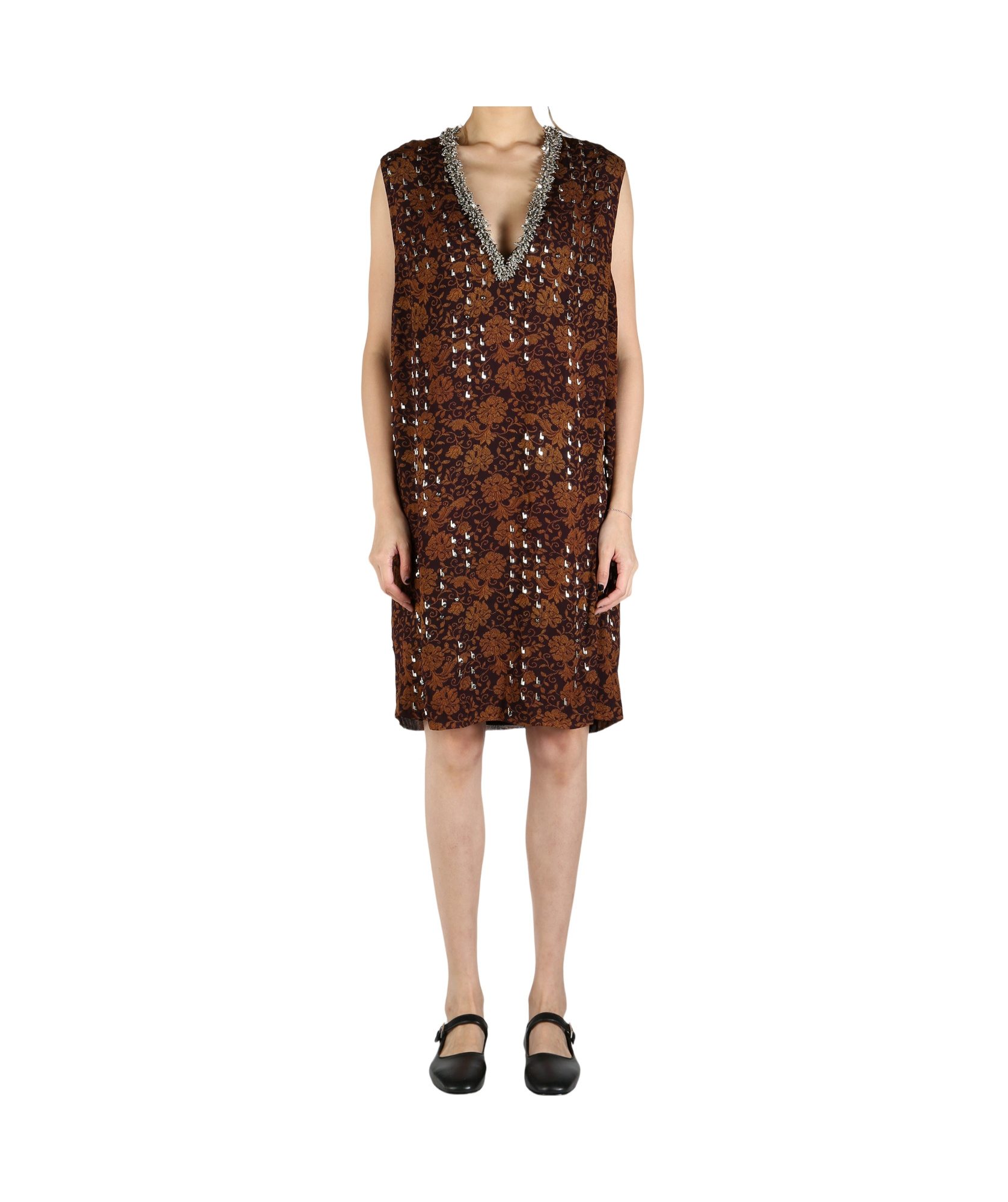 Dries Van Noten Floral Embellished Georgette Midi Dress In Brown