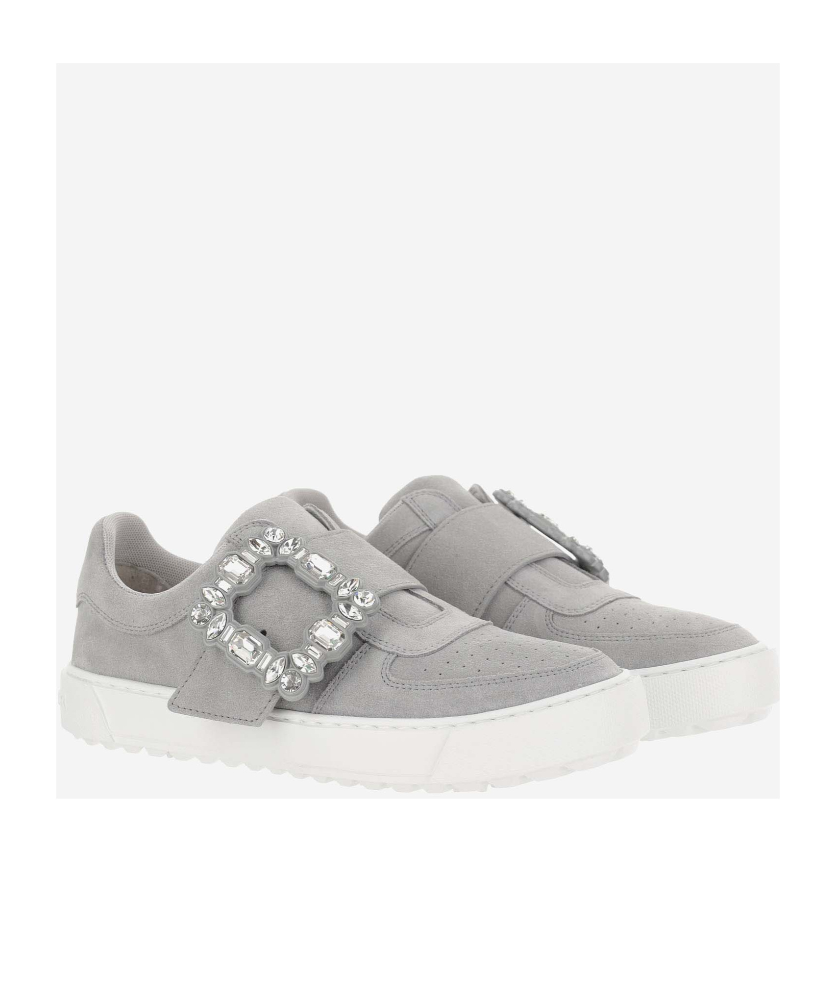 Roger Vivier Very Vivier Suede Buckle Slip-on Sneakers In Gray