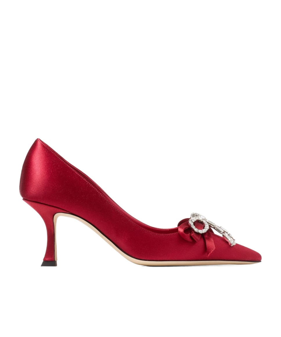 Jimmy Choo Women's Auria 70mm Crystal-embellished Bow Satin Pumps In Red