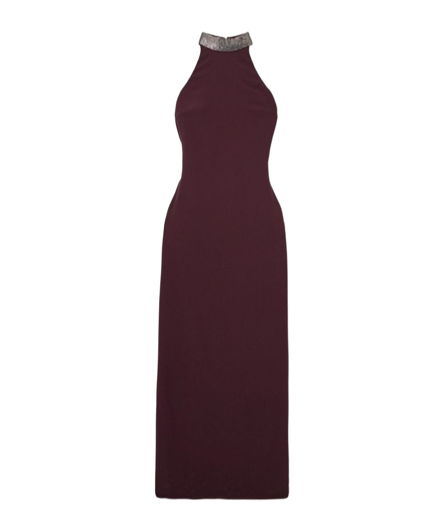 Brunello Cucinelli Halterneck Dress With Beaded Collar In Burgundy