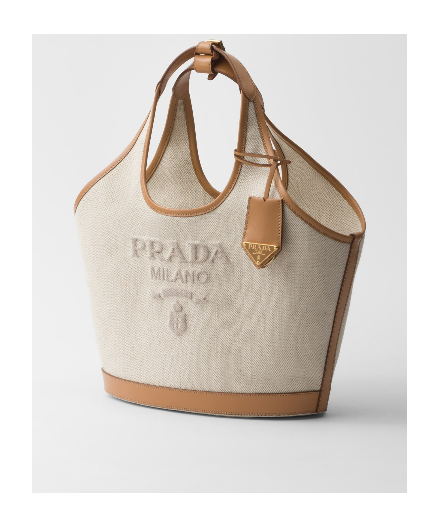 Prada Triangle Shape Canvas Handbag With Leather Trim In Nude