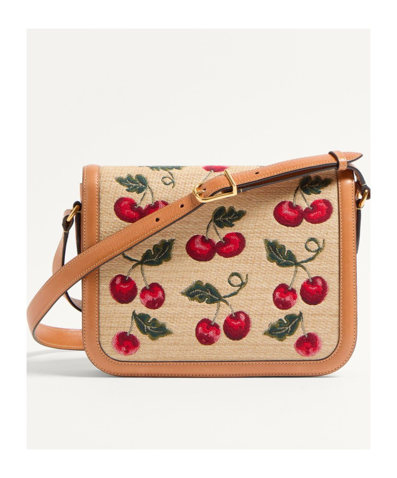 Valentino 9t05 Cherry-jacquard Raffia And Leather Cross-body Bag In Nude