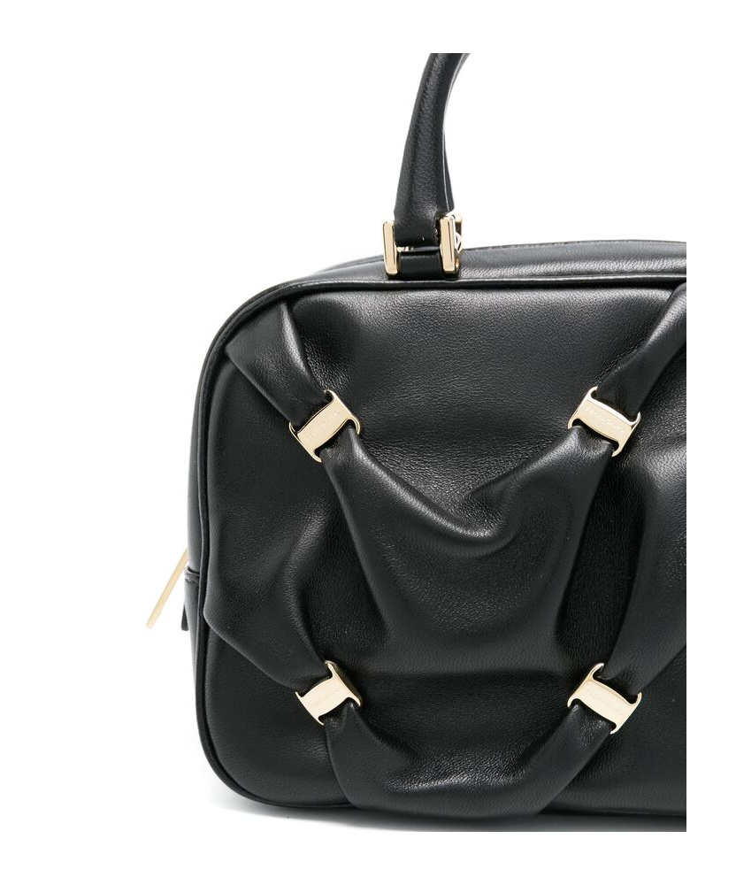 Ferragamo Leather Handbag With Draped Details Secured By Mini Vara Bows In Black
