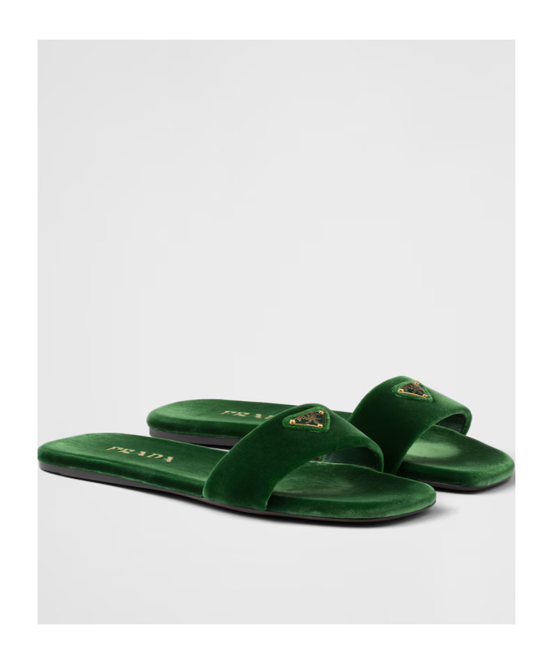 Prada Triangle-logo Velvet Slides In Green