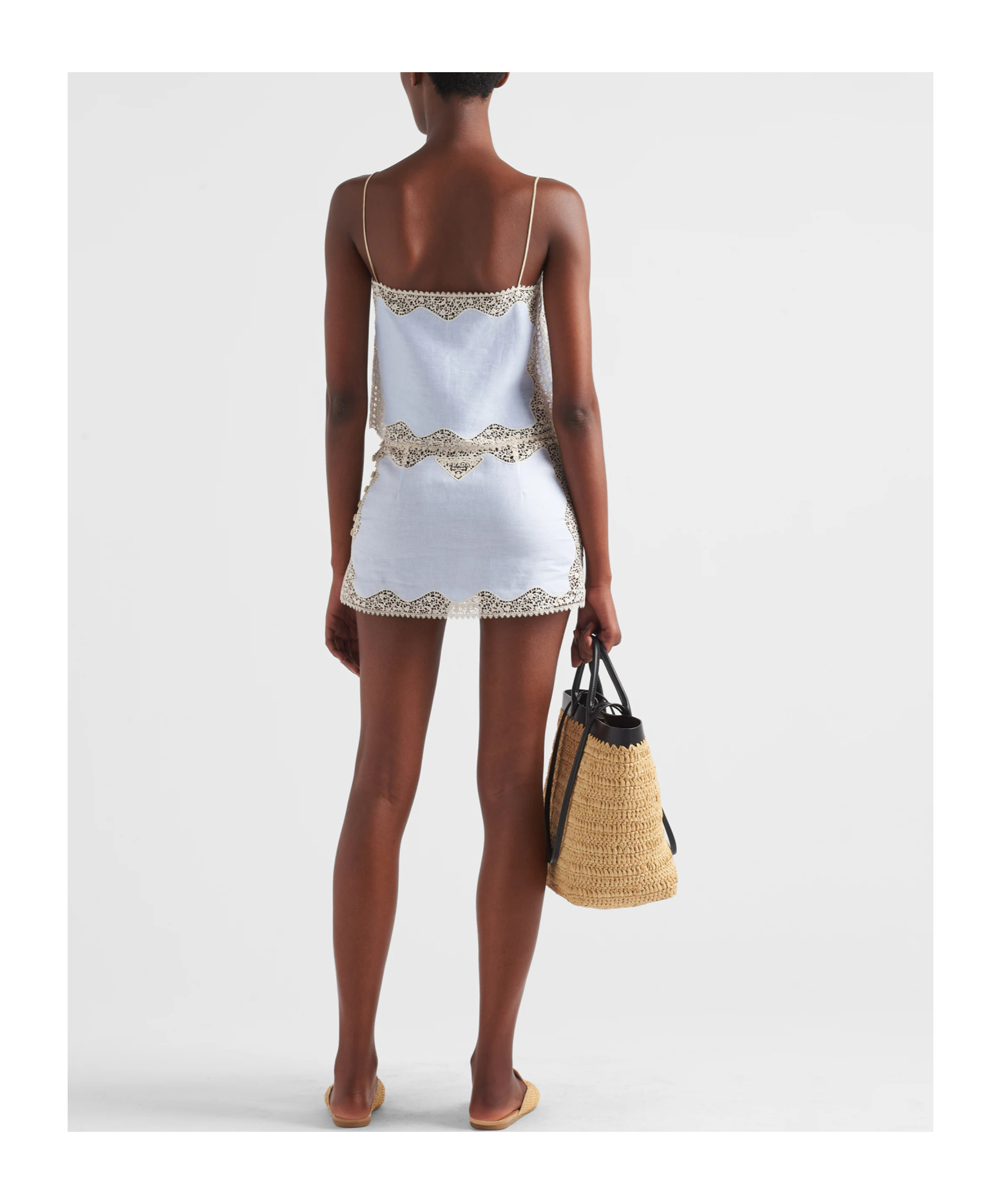 Prada Lace-trim Linen Mini Skirt In Sky-blue
