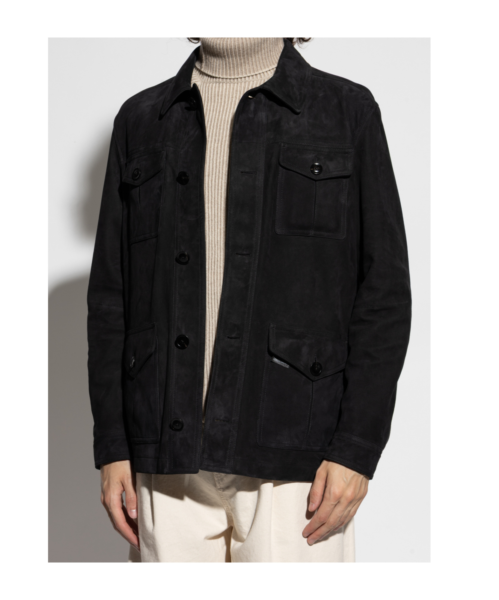 Tom Ford Light Suede Stand Collar Overshirt In Black