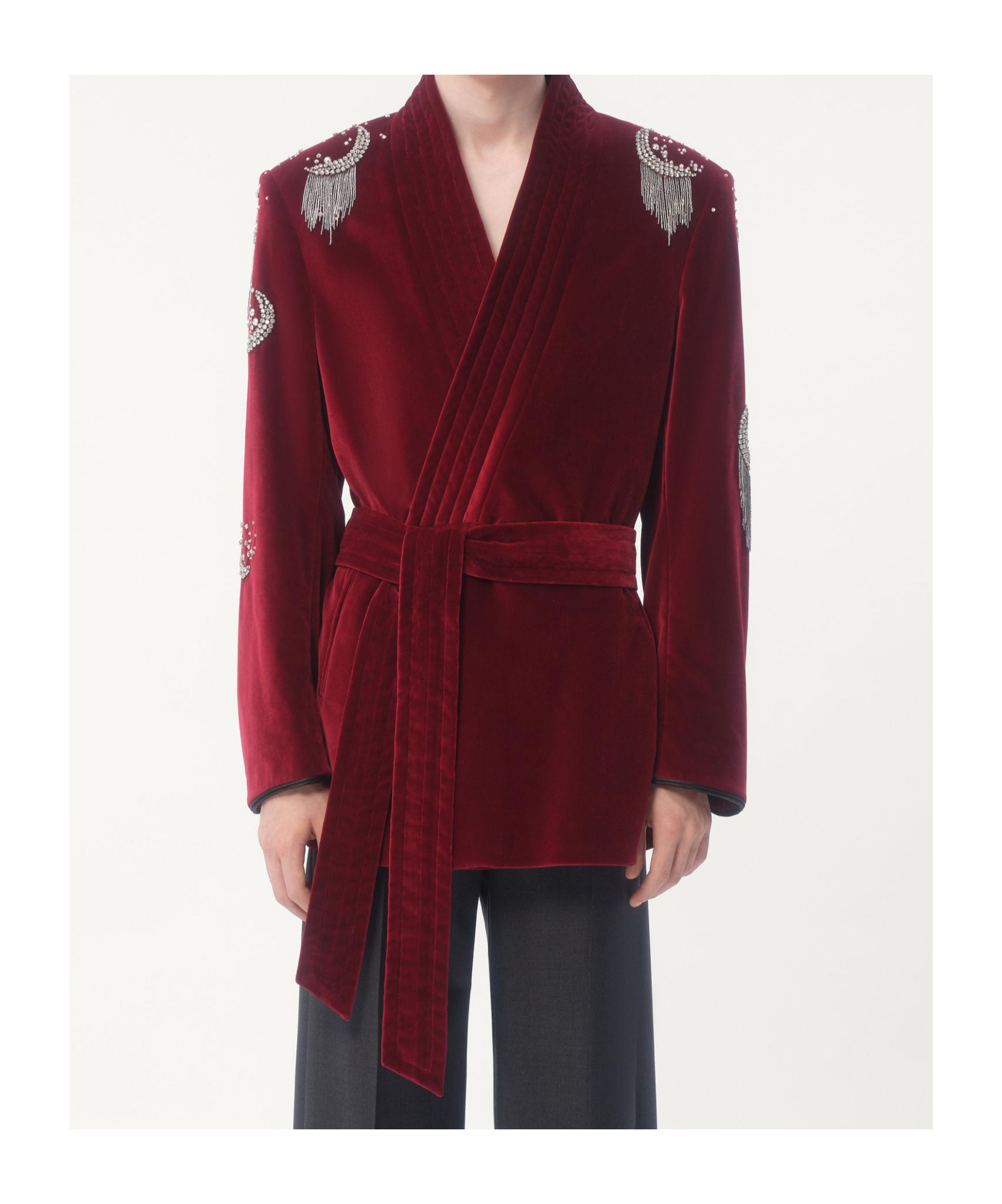 Valentino Rhinestone Beaded Embroidered Casual Jacket In Deep Red