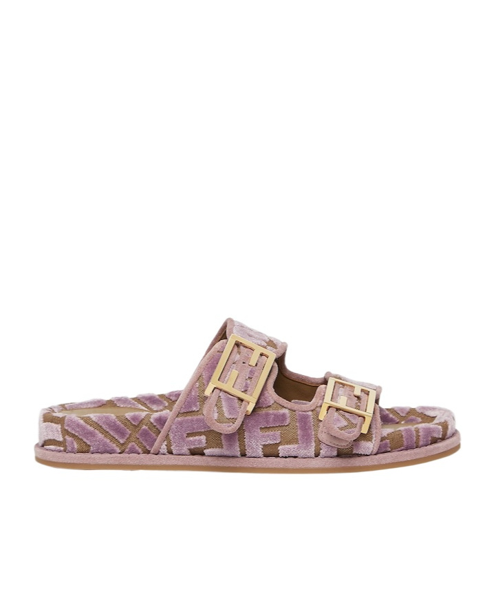 FENDI MAUVE PINK FF JACQUARD VELVET SLIDES