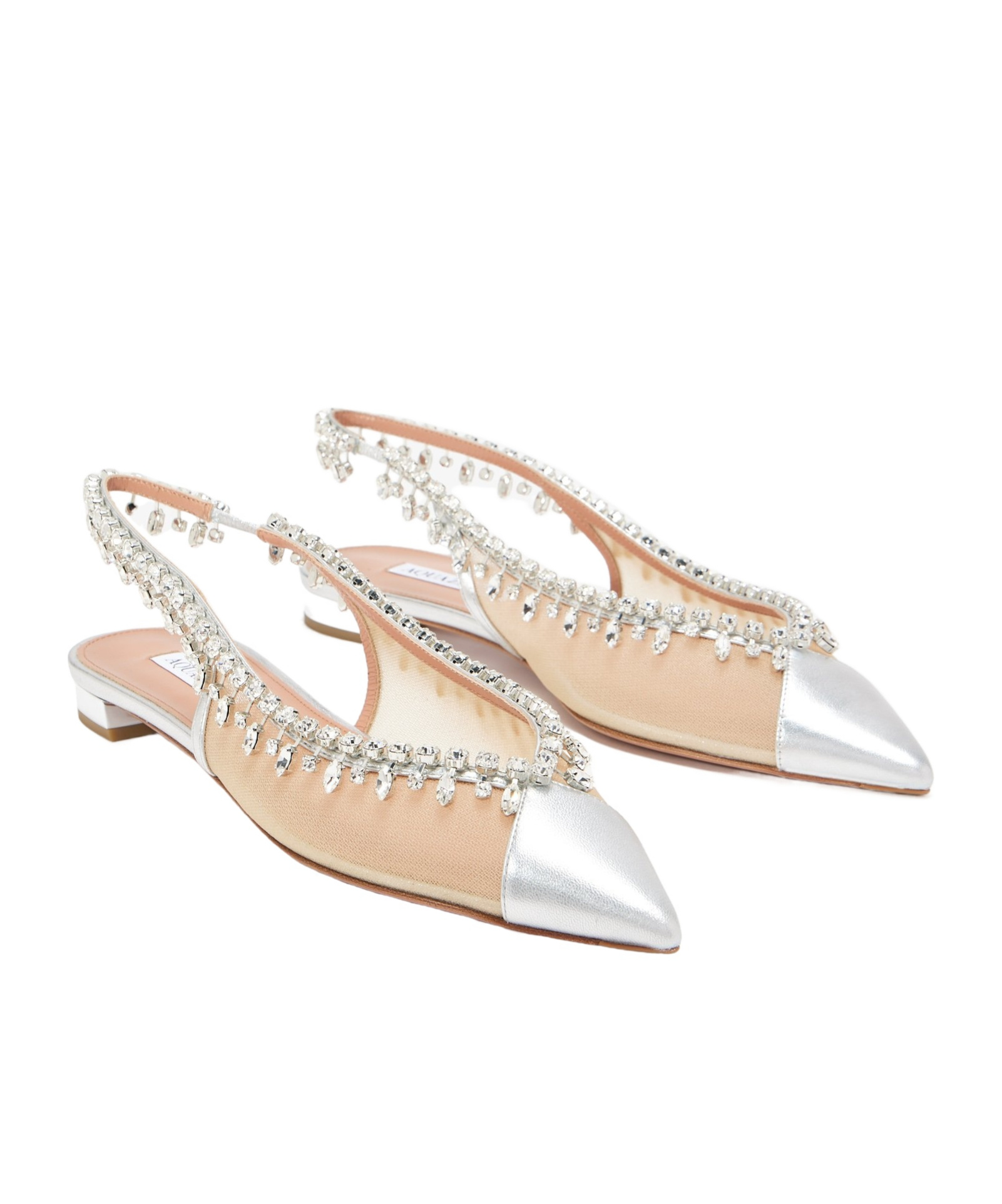 Aquazzura Temptation Crystal Mesh Slingback Flats In Nude