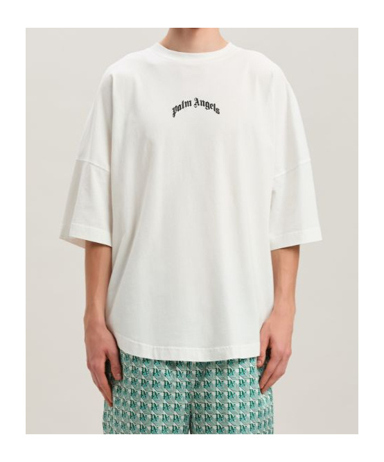 Palm Angels White Black Curved Logo T-shirt In White