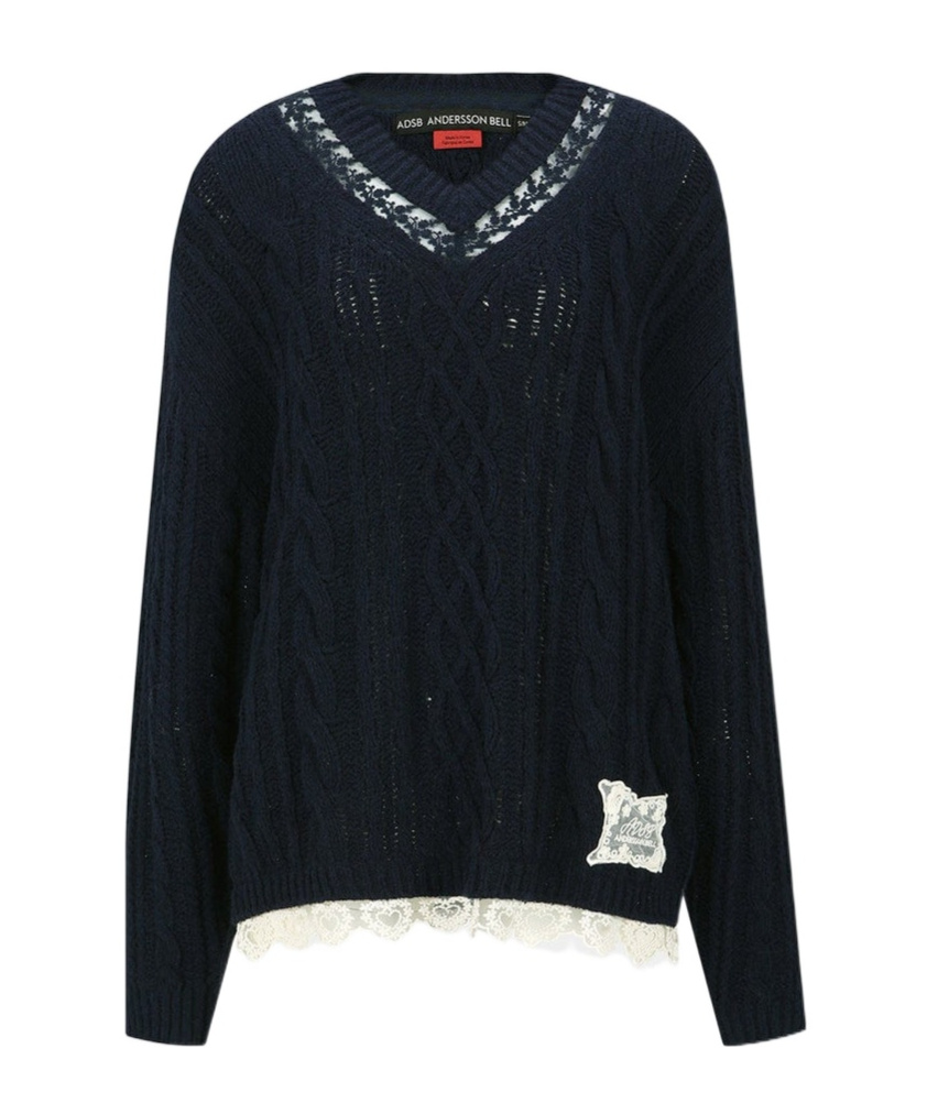 Shop Andersson Bell Lace Chunky V-neck Knit Sweater In Navy Blue