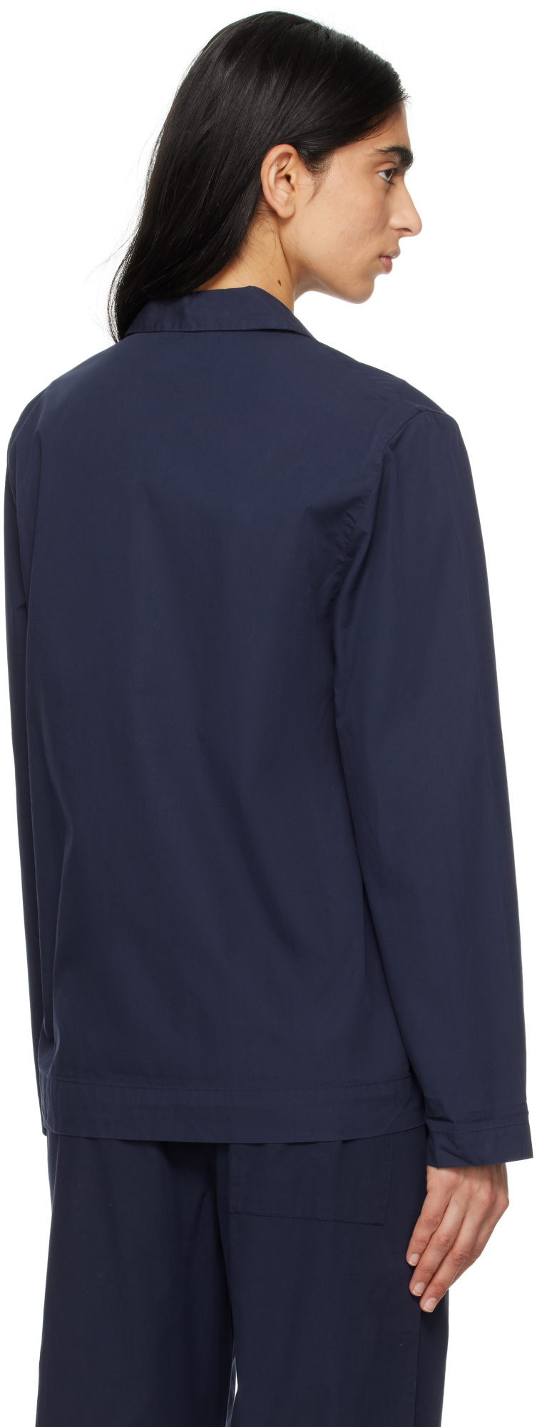 Tekla Poplin Long-sleeved Pyjama Shirt In Navy Blue