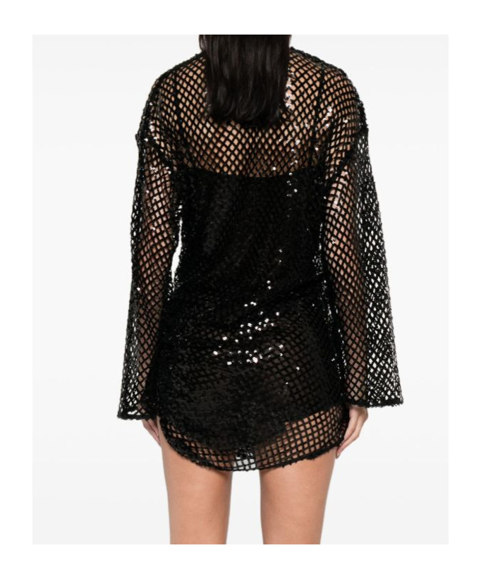 Attico Black Sequin Net Knit Mini Dress In Black