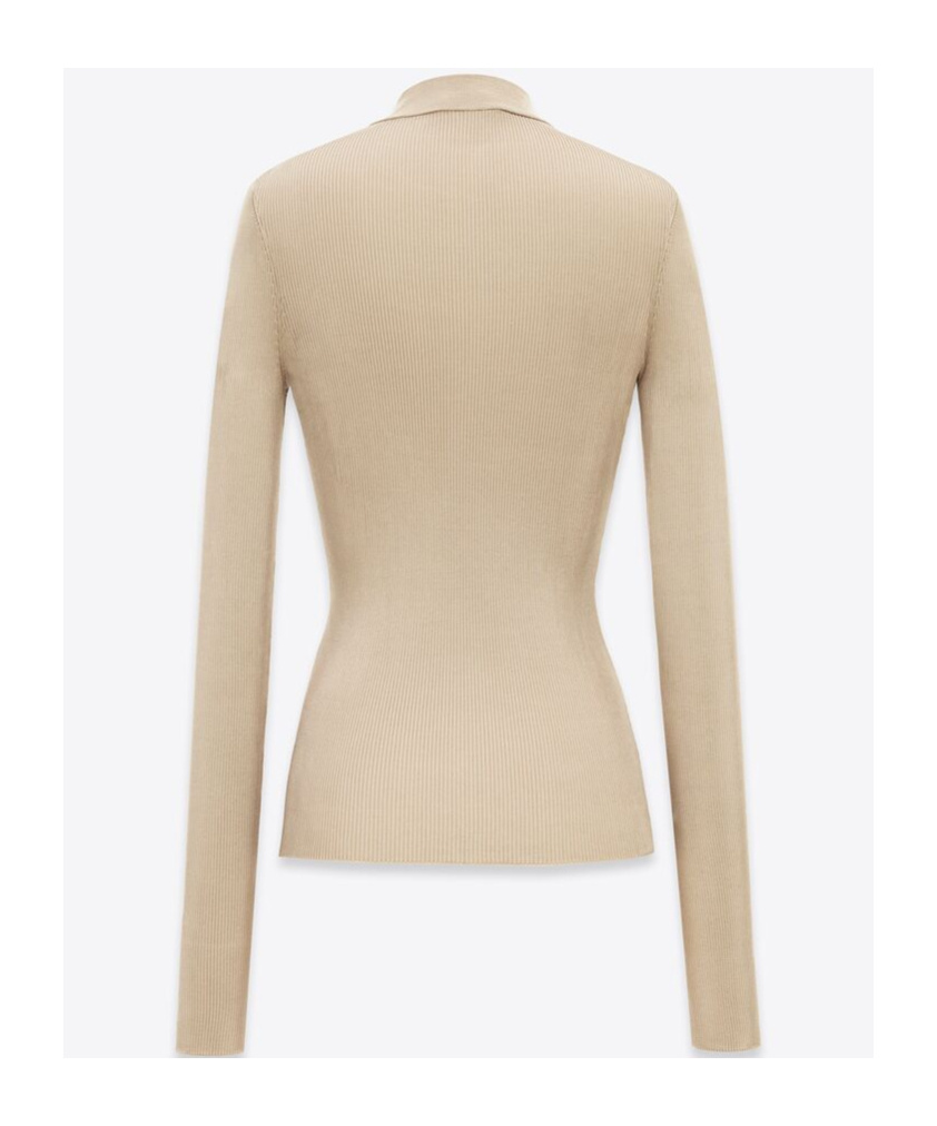 Saint Laurent Ribbed Silk High-necked Fitted Top In Nude