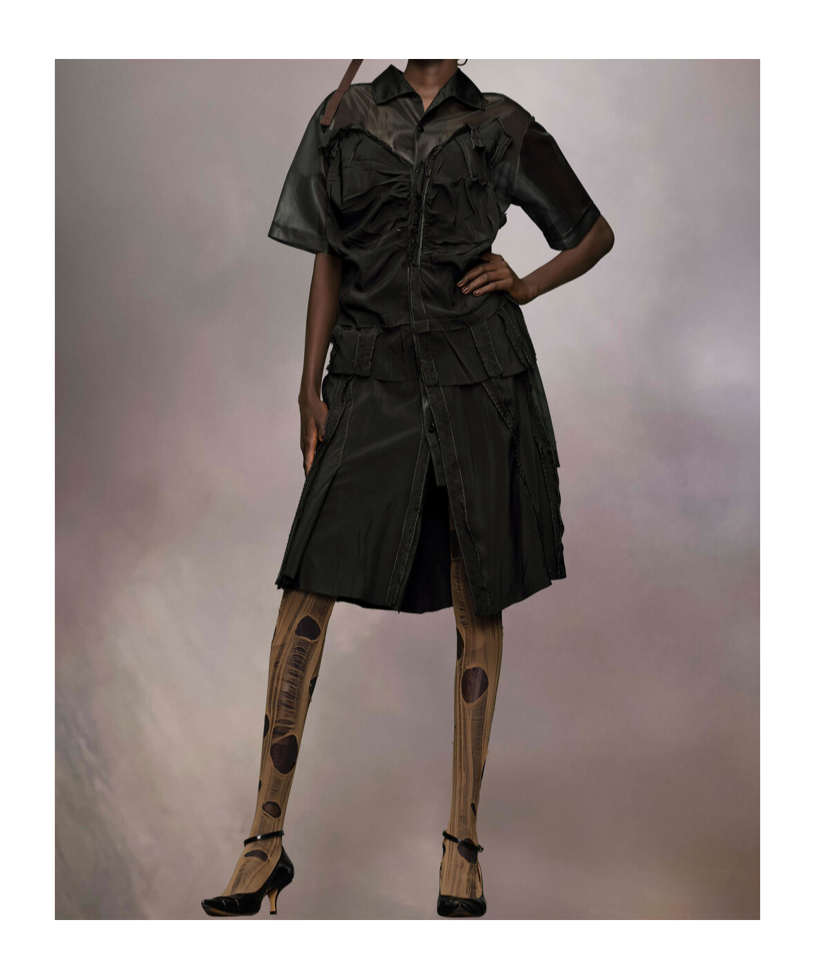 Maison Margiela Womens Mesh-panels Short-sleeves Woven Midi Dress Black And Black In Black