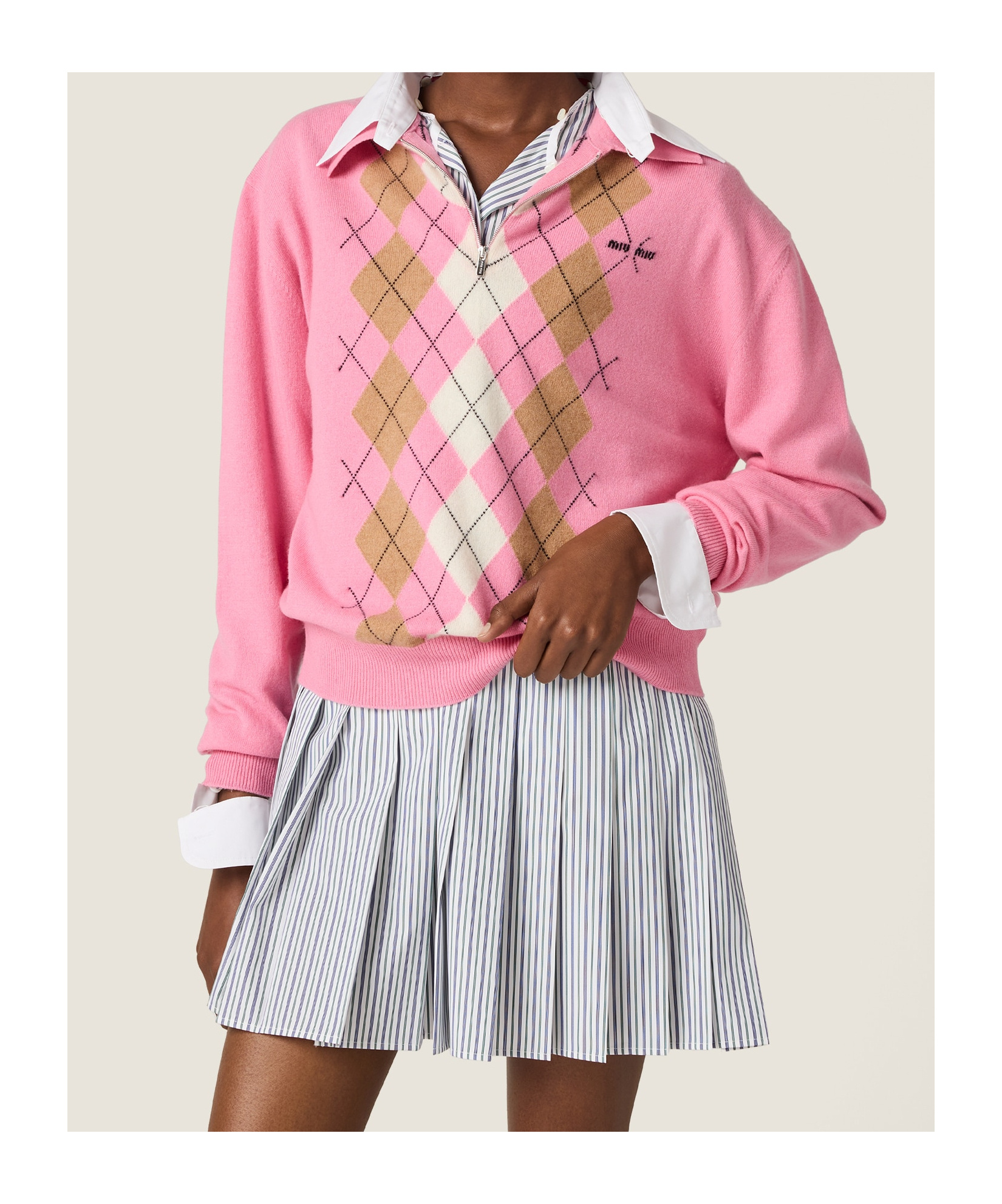 Miu Miu Argyle Pattern Polo Collar Knitwear Sweater In Pink
