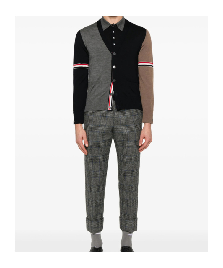 Thom Browne Navy/grey/brown Wool Cardigan In Black