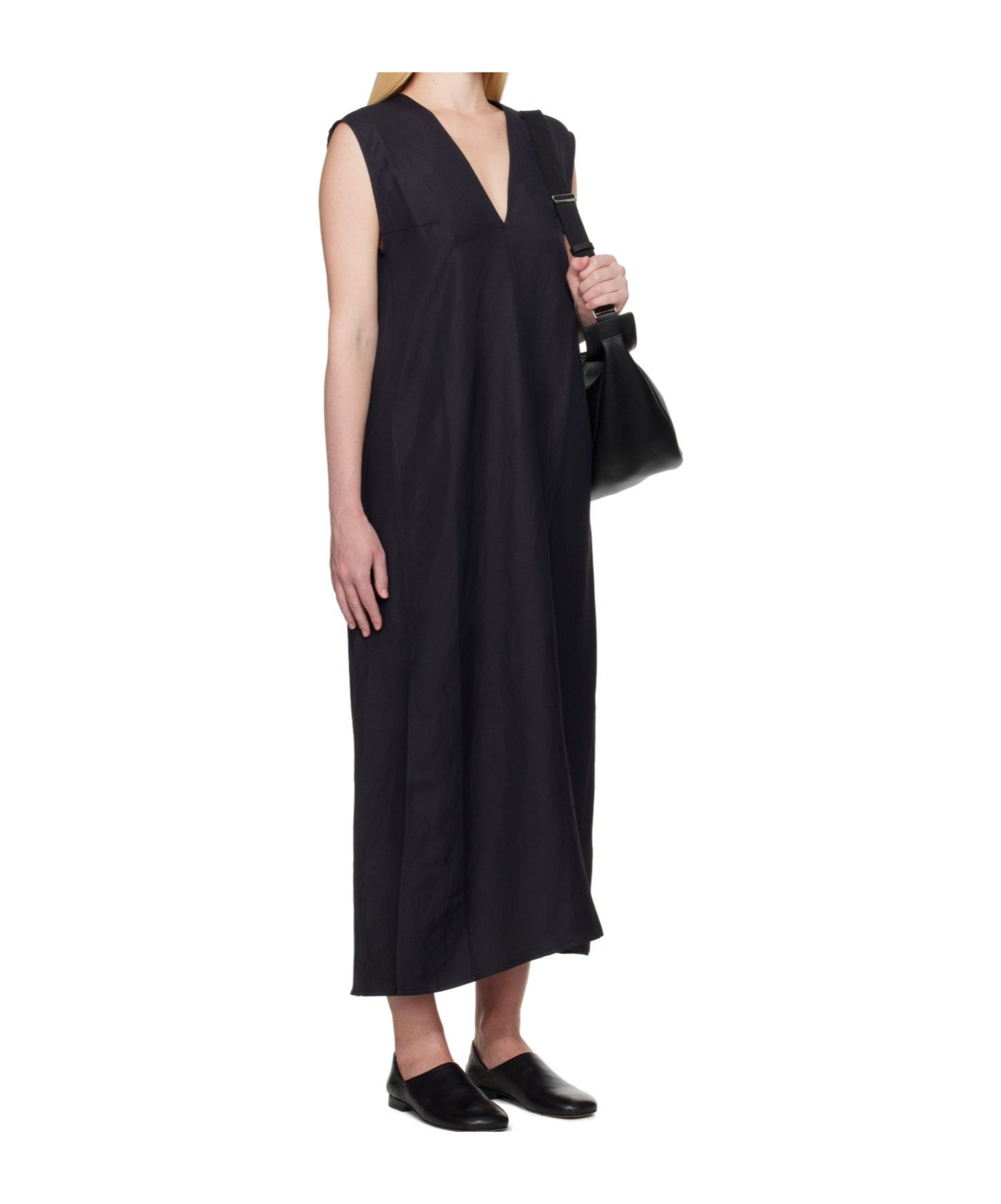 Studio Nicholson Navy Lise Linen Midi Dress In Black