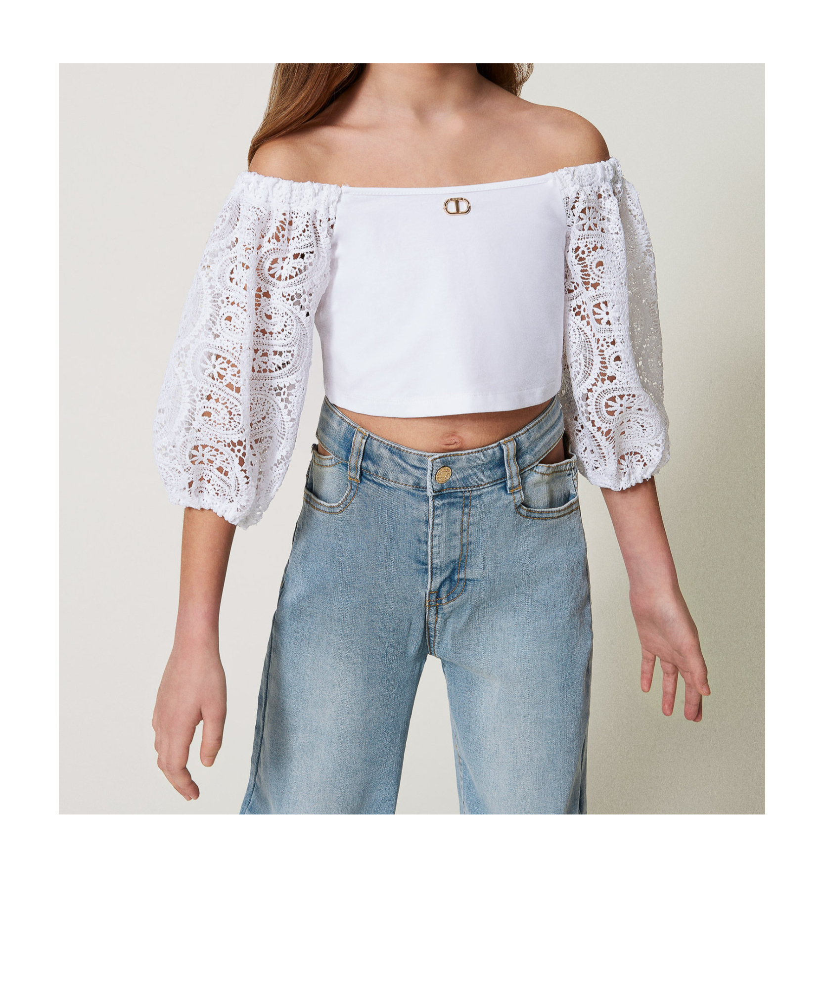 Twinset Top With Macramé Lace Balloon Sleeves In White