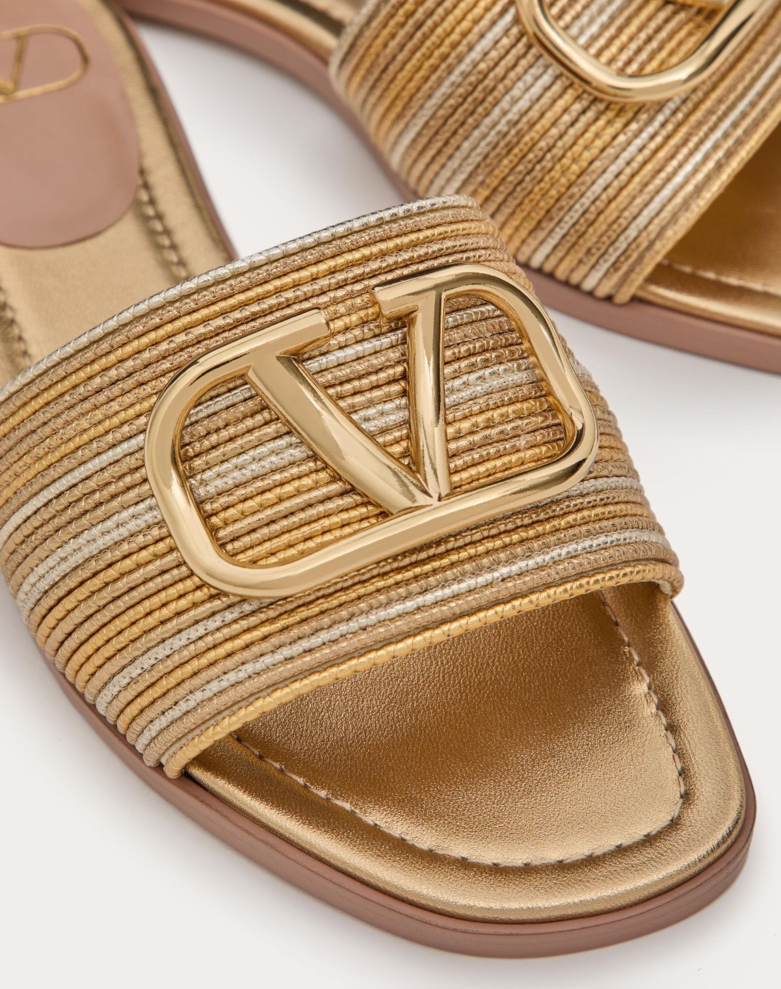 Valentino Garavani Vlogo Signature Metallic Leather Slide Sandal With Cornely Embroidery Woman Gold  In Nude