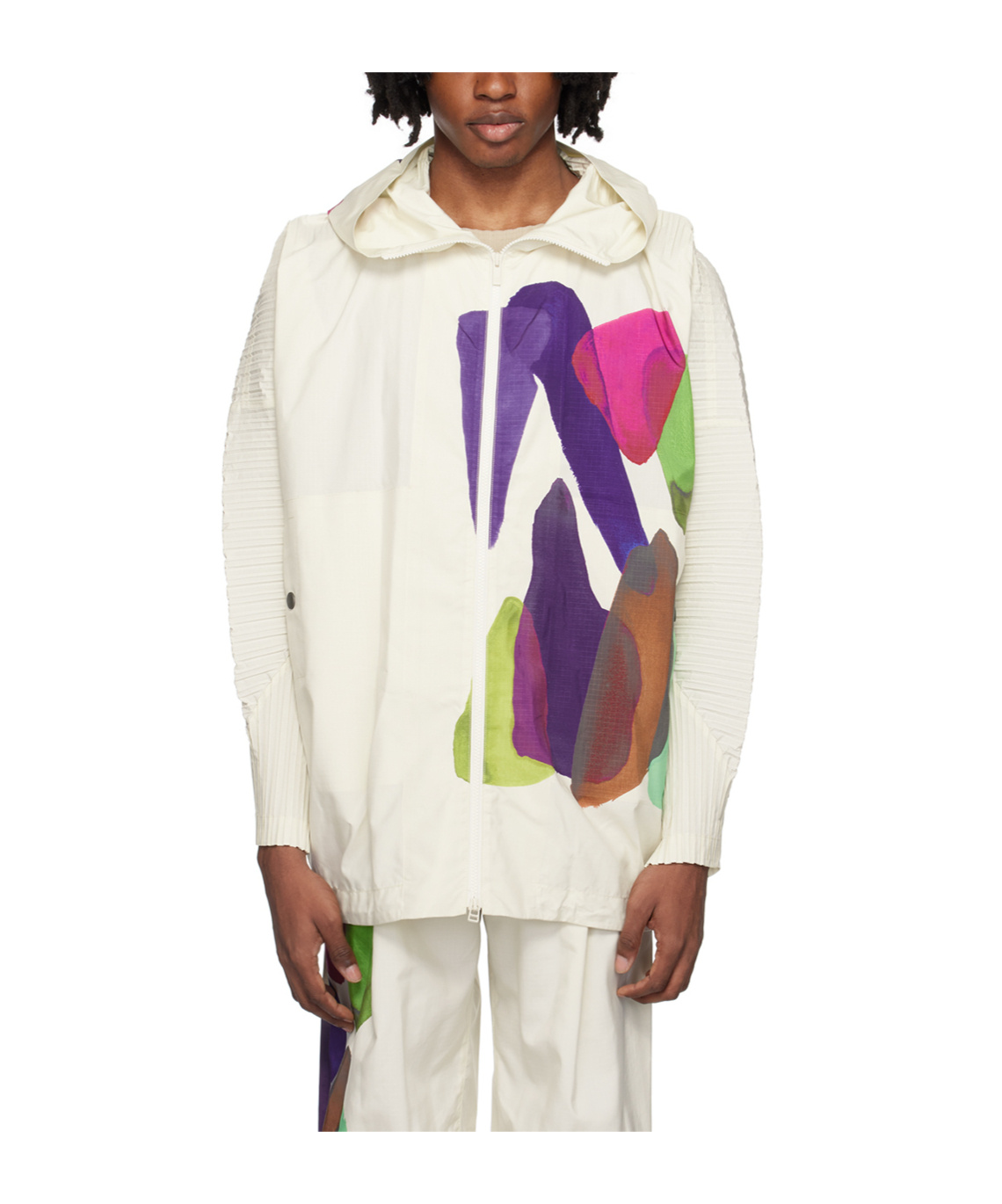 Issey Miyake Graphic Print Hooded Jacket In White