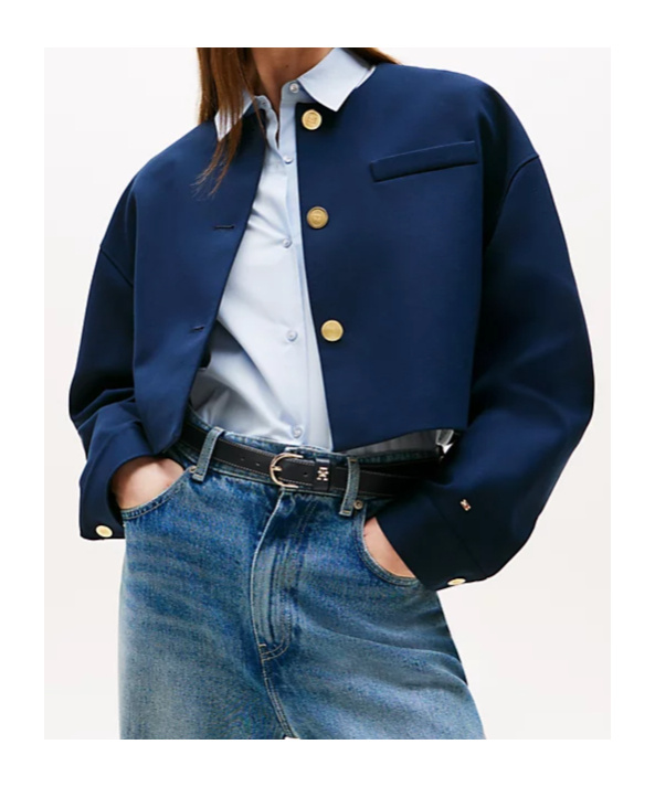 Tommy Hilfiger Gold-tone Button Collarless Cropped Blazer In Blue
