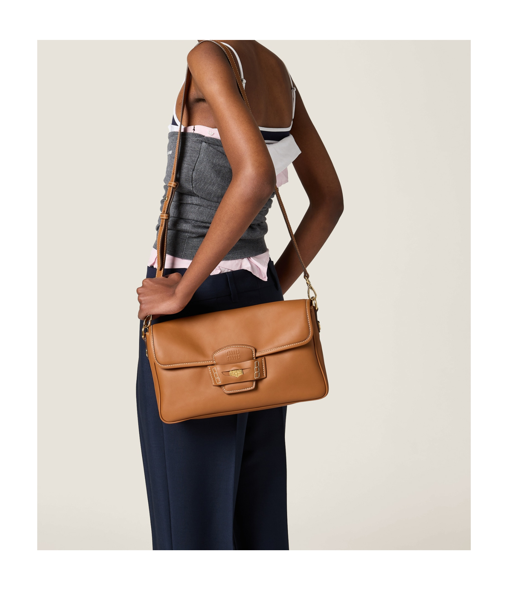 Miu Miu Leather Penny Shoulder Bag With Adjustable Strap In Brown