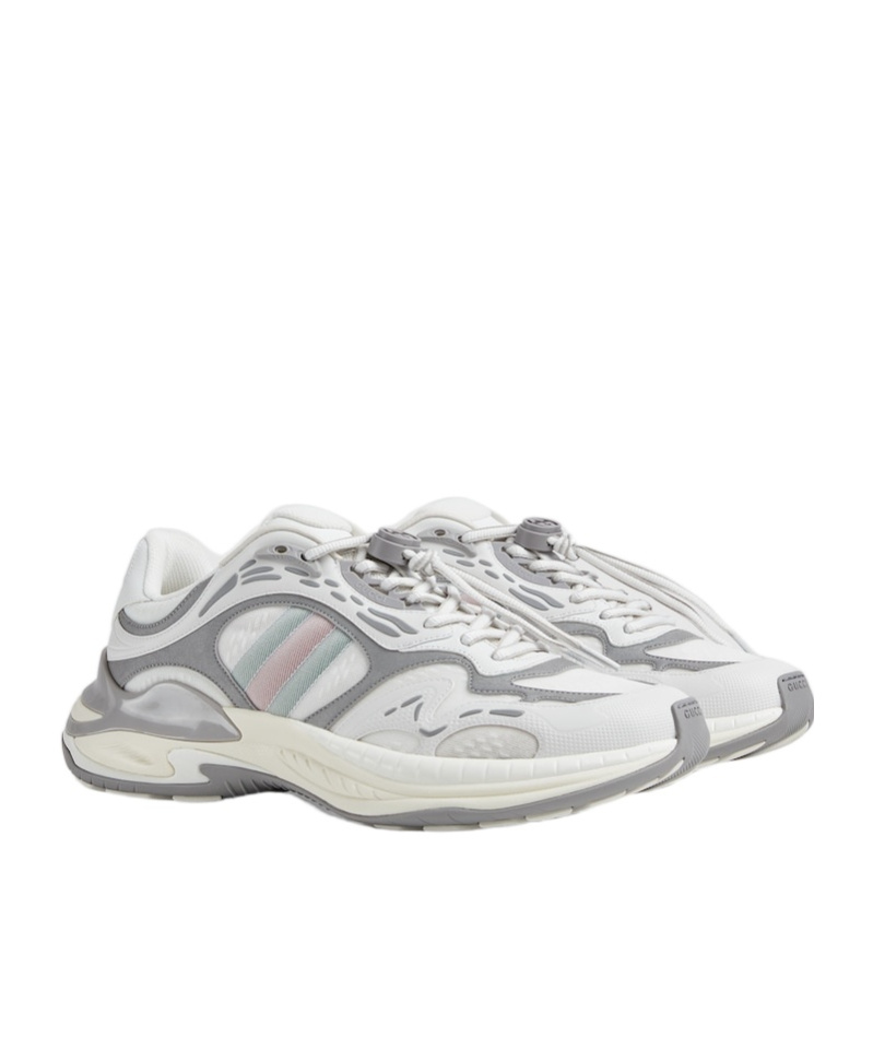 Gucci Leather Mesh Sneakers Featuring Signature Band In White And Gray