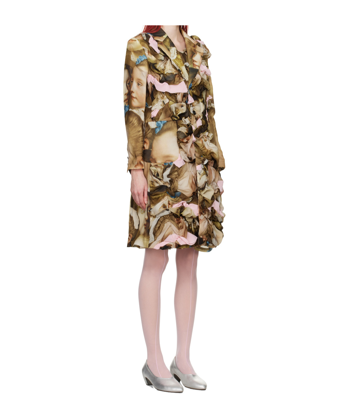Comme Des Garçons Renaissance-print Ruched Midi Coat In Brown