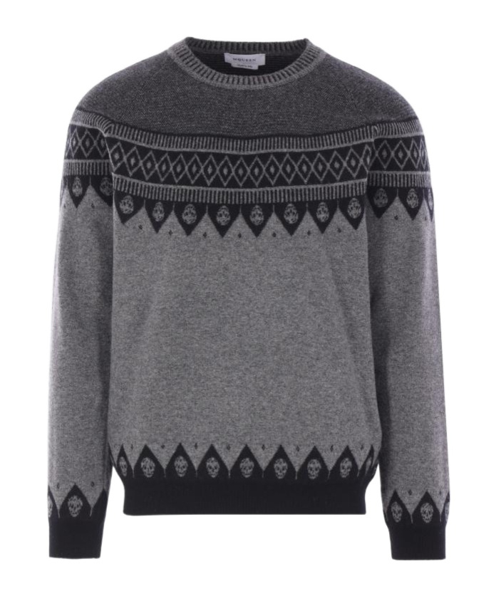 Alexander Mcqueen Mcqueen Skull Fair Isle Wool Crewneck Sweater In Gray