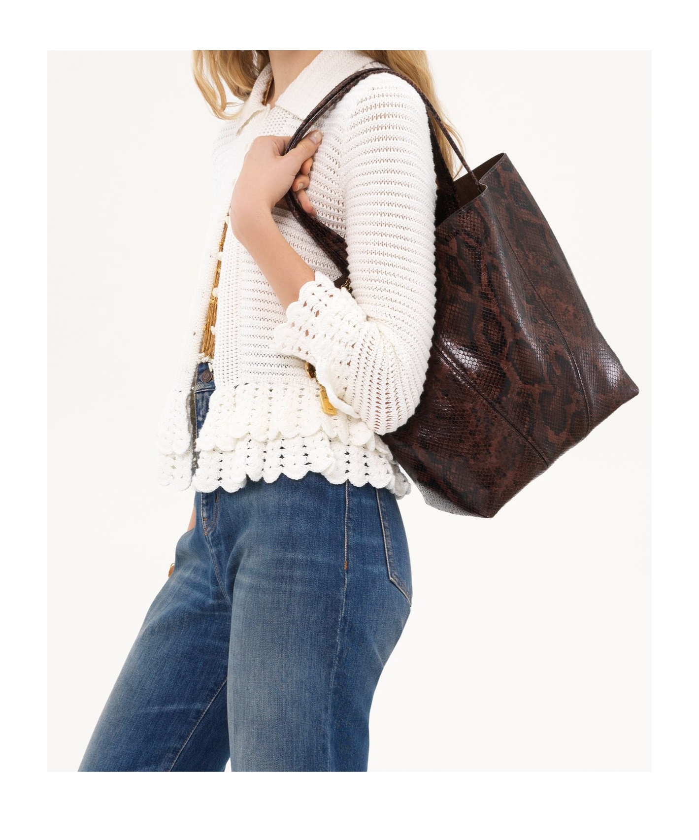 Chloé Spin Small Tote Bag In Python-effect Leather In Brown