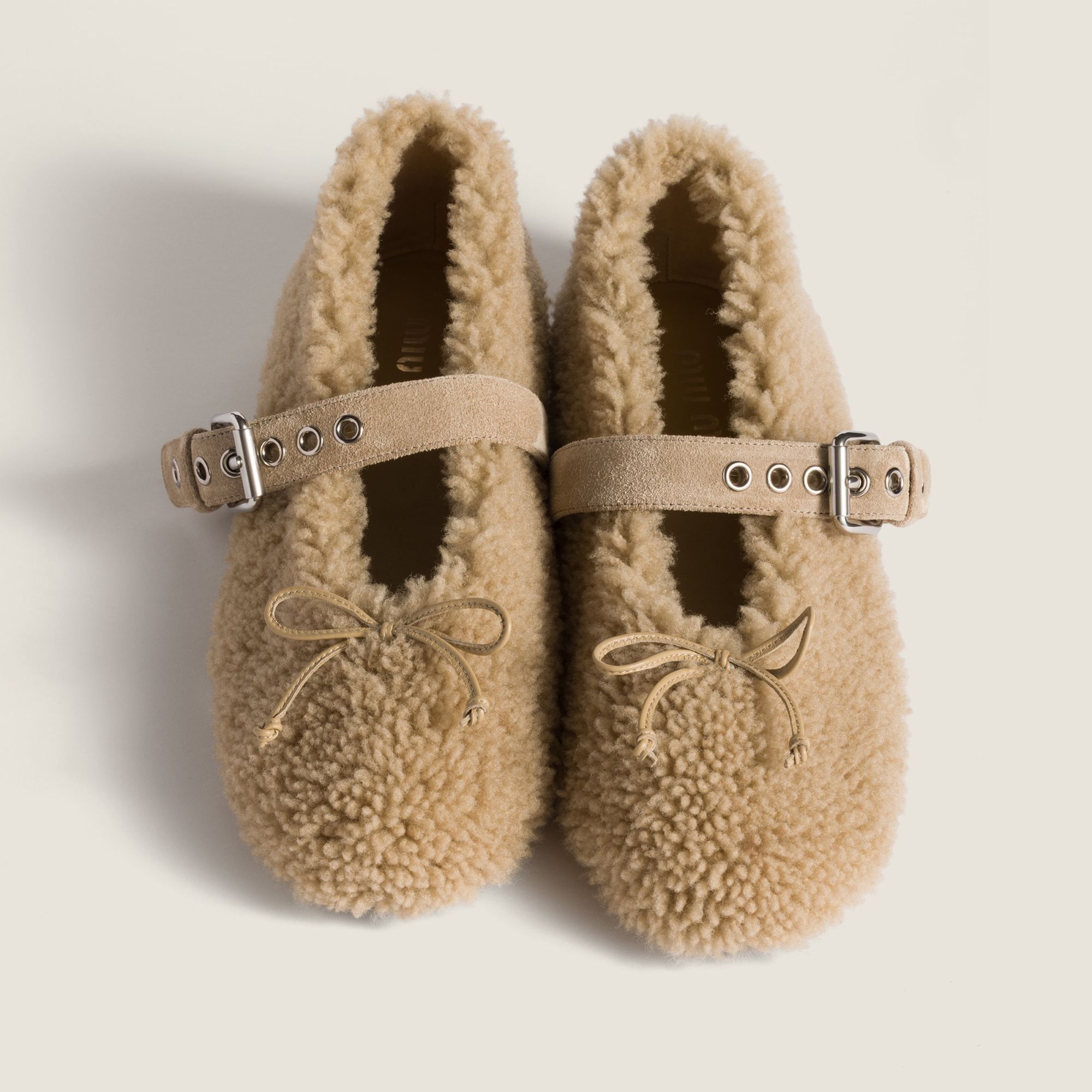 Miu Miu Shearling Mary Jane Ballerina Flats In Nude