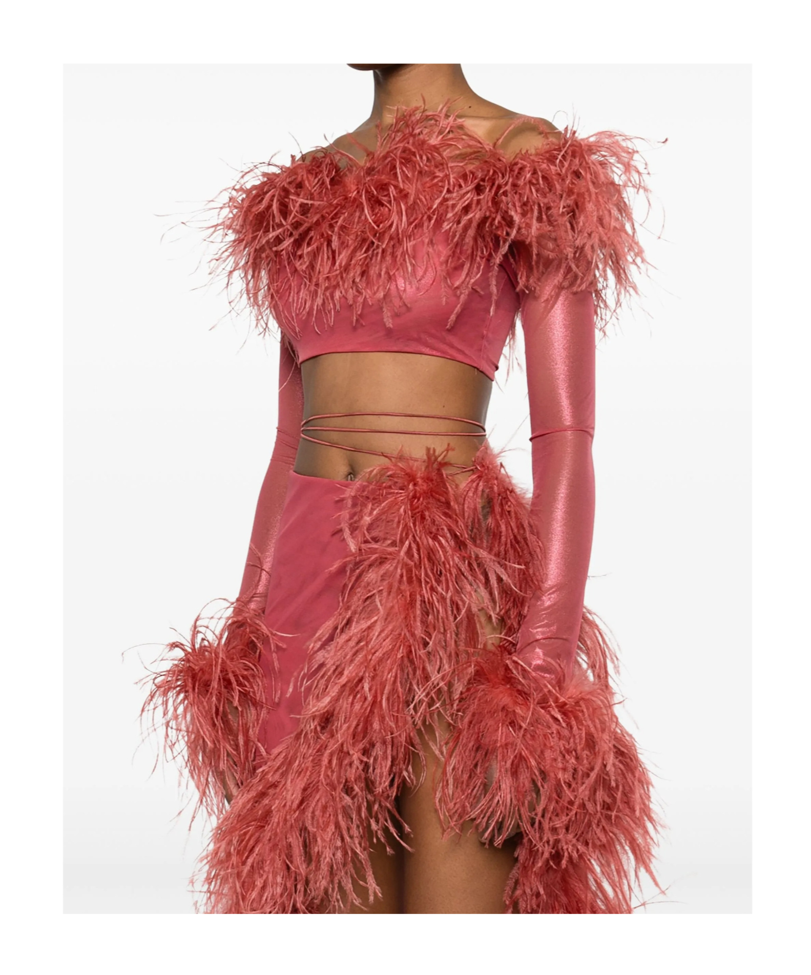 Oseree Feather-trim Cropped Top In Pink